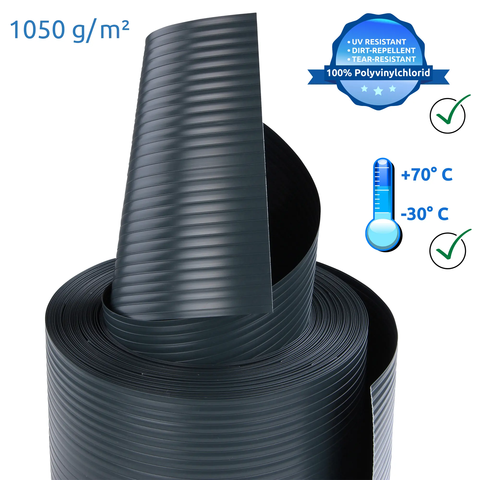 Bande de protection pour clôture yourGEAR en PVC rigide nervuré, 252x19 cm, 1050 g/m², résistante aux UV, aux déchirures, aux salissures, utilisable de -30°C à +70°C, couleur gris foncé.