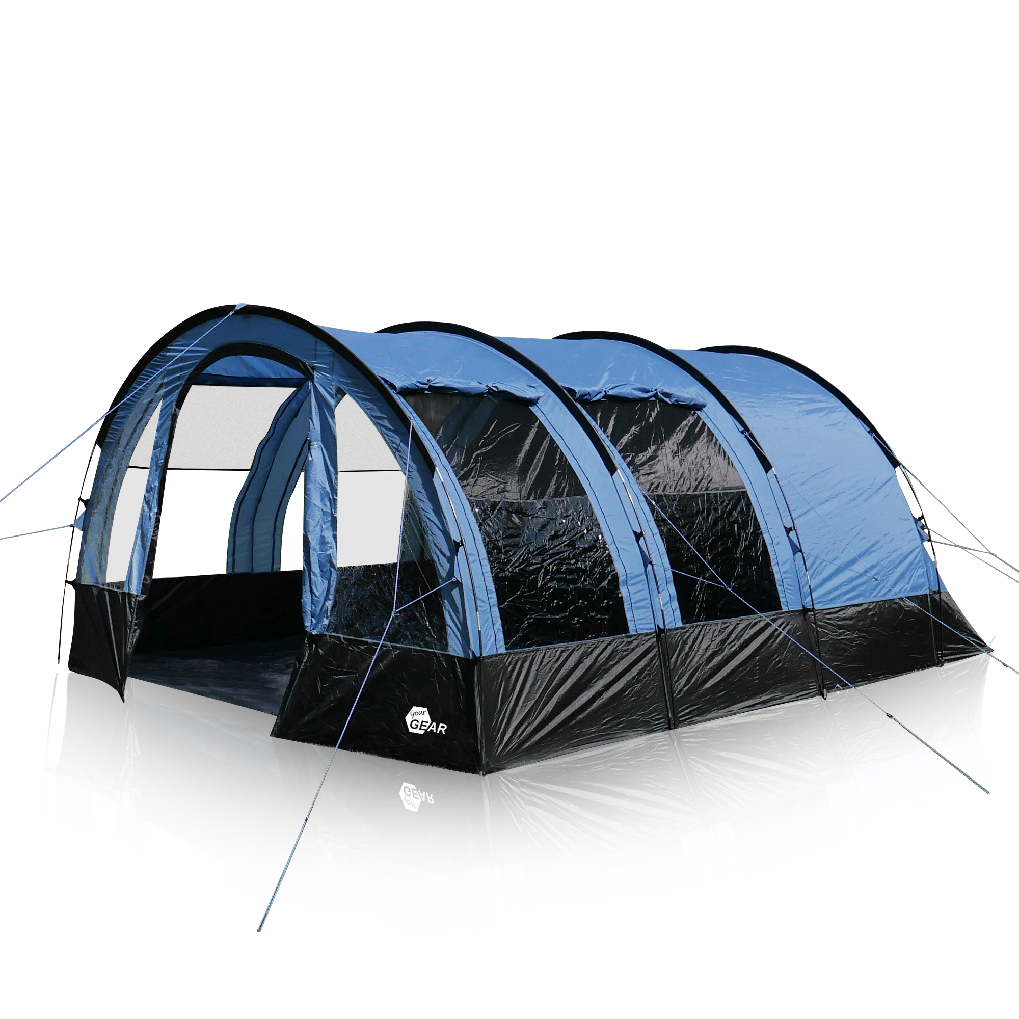 Tente tunnel your GEAR Mistral pour 6 personnes, bleu et noir, grandes fenêtres latérales et frontales, structure spacieuse avec hauteur de plafond, adapté au camping familial, protection UV 50+, 490x325x195 cm.