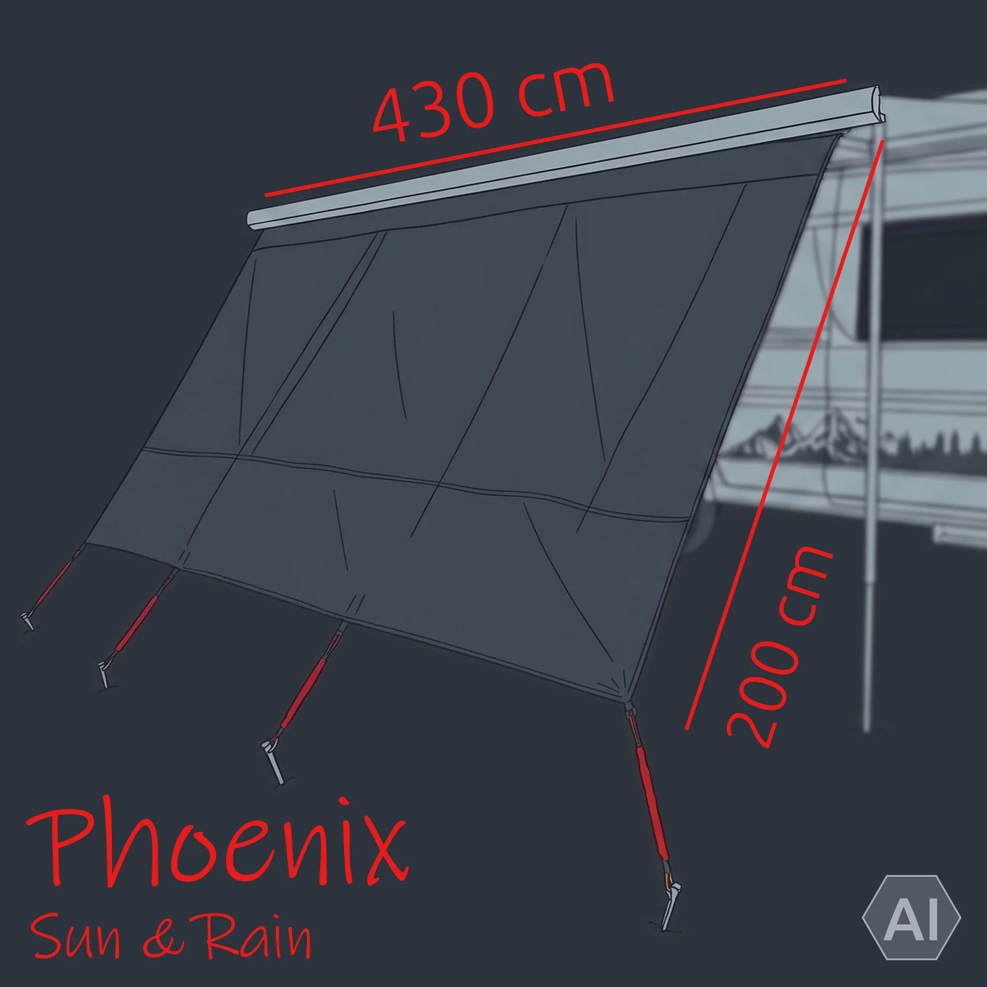 Front view of your GEAR Phoenix Sun & Rain awning front wall 430x200 cm in dark Silver-Black mesh with cover, angled support poles and tension straps attached to a caravan, labeled dimensions for width and height.