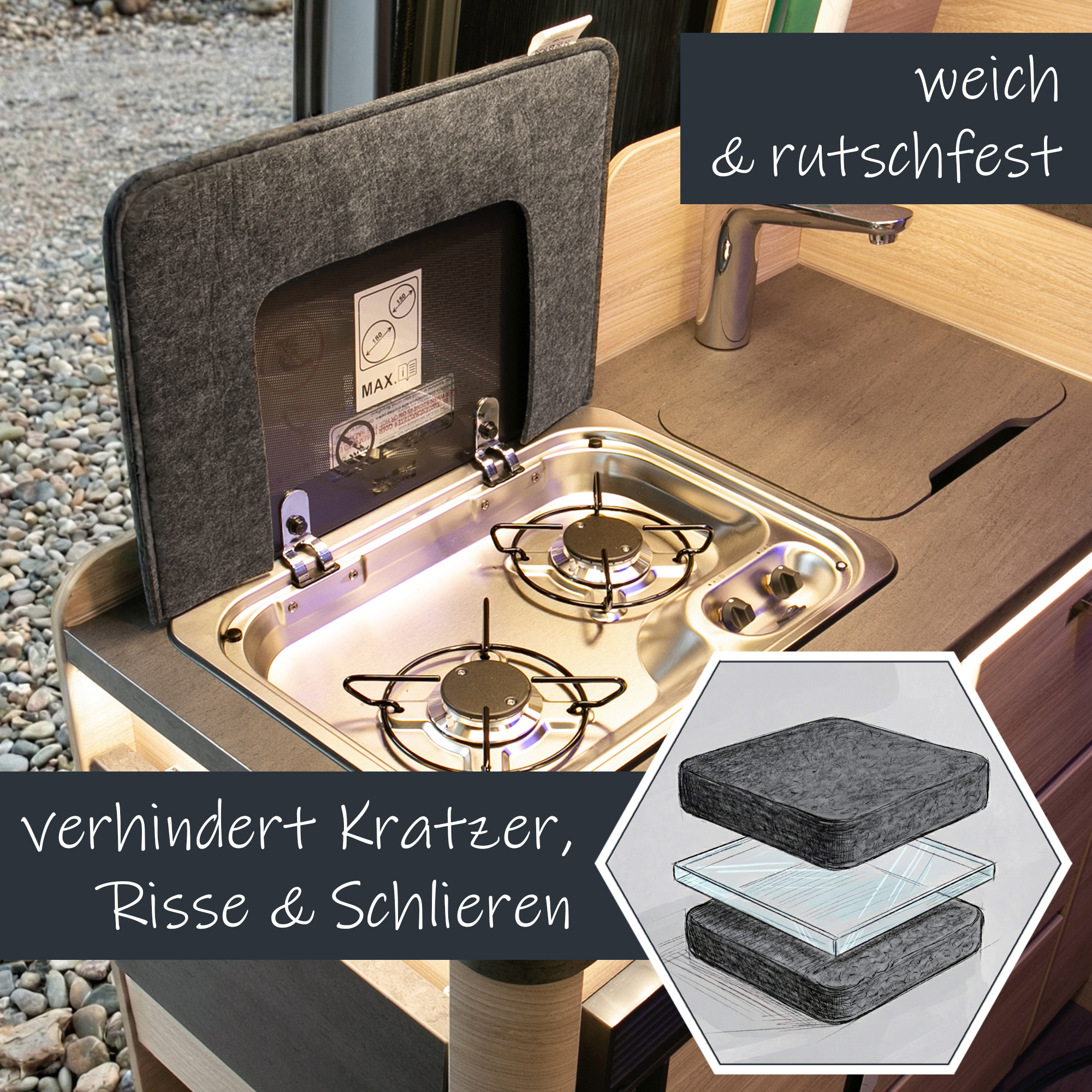 Grau-schwarze your GEAR Panaro Filzabdeckung 45x31cm, ca. 4,8mm dick, auf Gasherd und Spüle im Wohnmobil; schützt Glas vor Kratzern, Rissen, Schlieren; weich, rutschfest, optimal für Camperküchen.