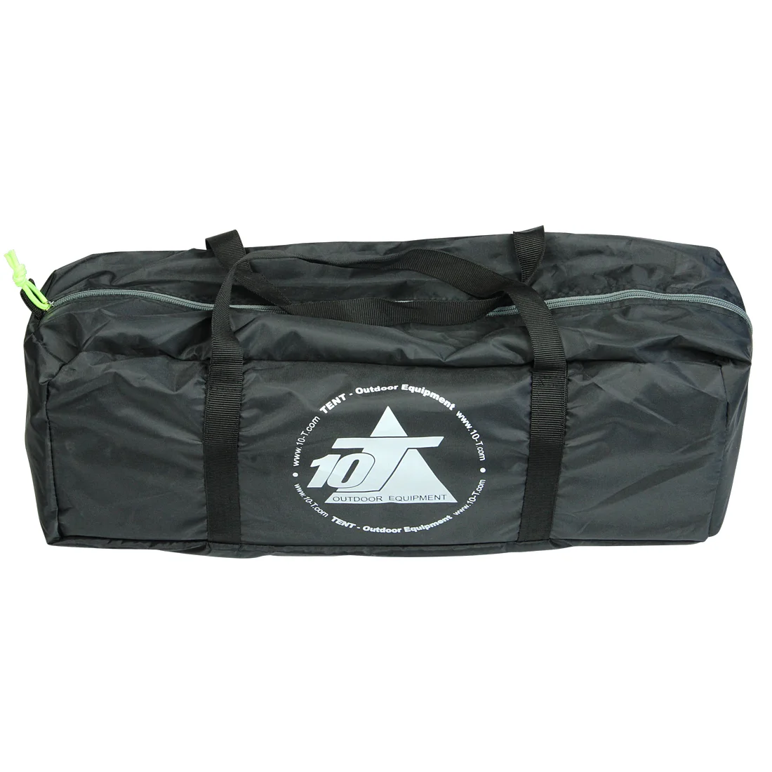 Schwarze Transporttasche mit 10T Outdoor Equipment Logo, Reißverschluss und Tragegriffen, passend für das 10T Mungaroo 3 Hauszelt für 3 Personen, kompakt und ideal für Camping und Outdoor-Aktivitäten.