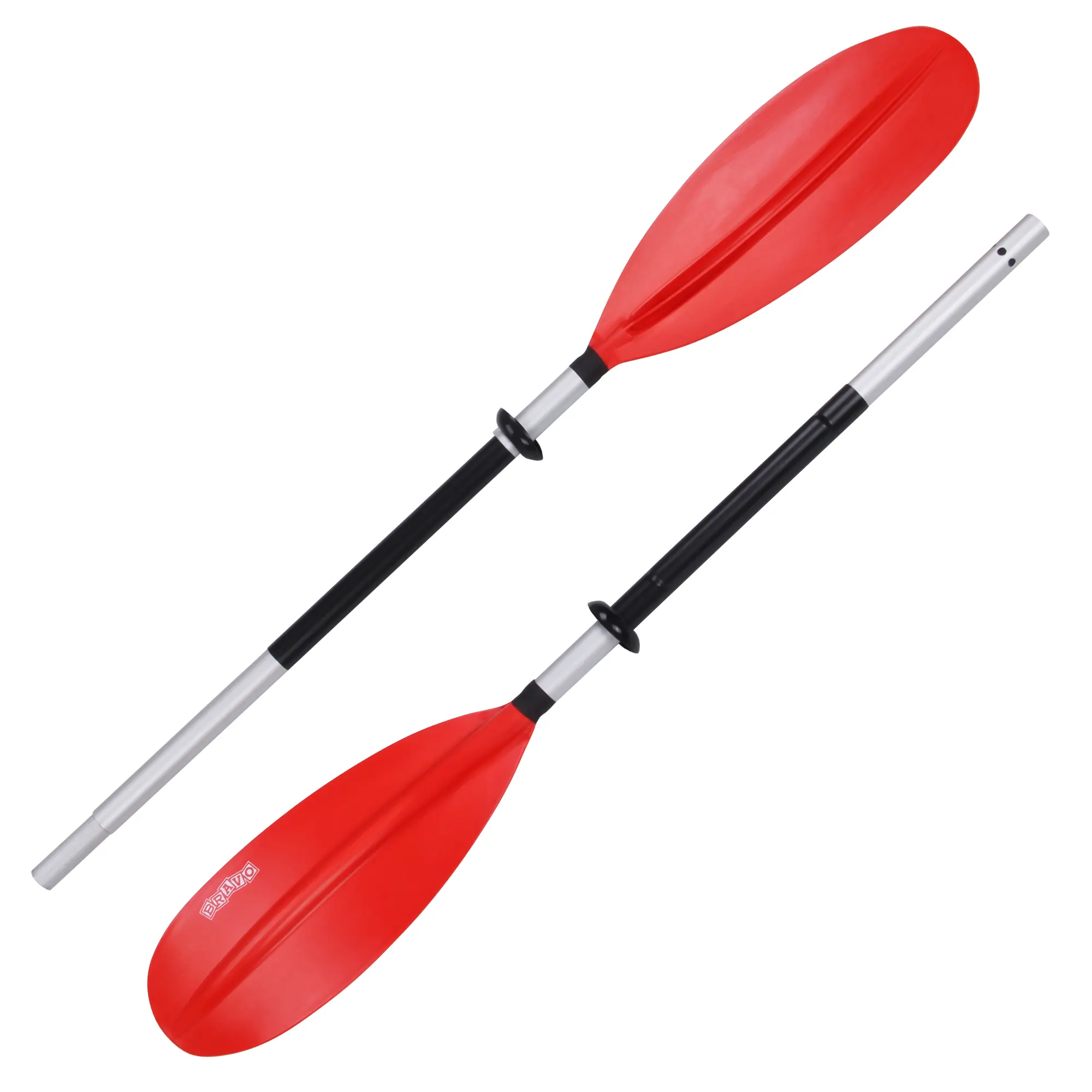 Remo doble de kayak con palas rojas y mango de aluminio plateado y negro, colocado en dos partes sobre fondo blanco.
