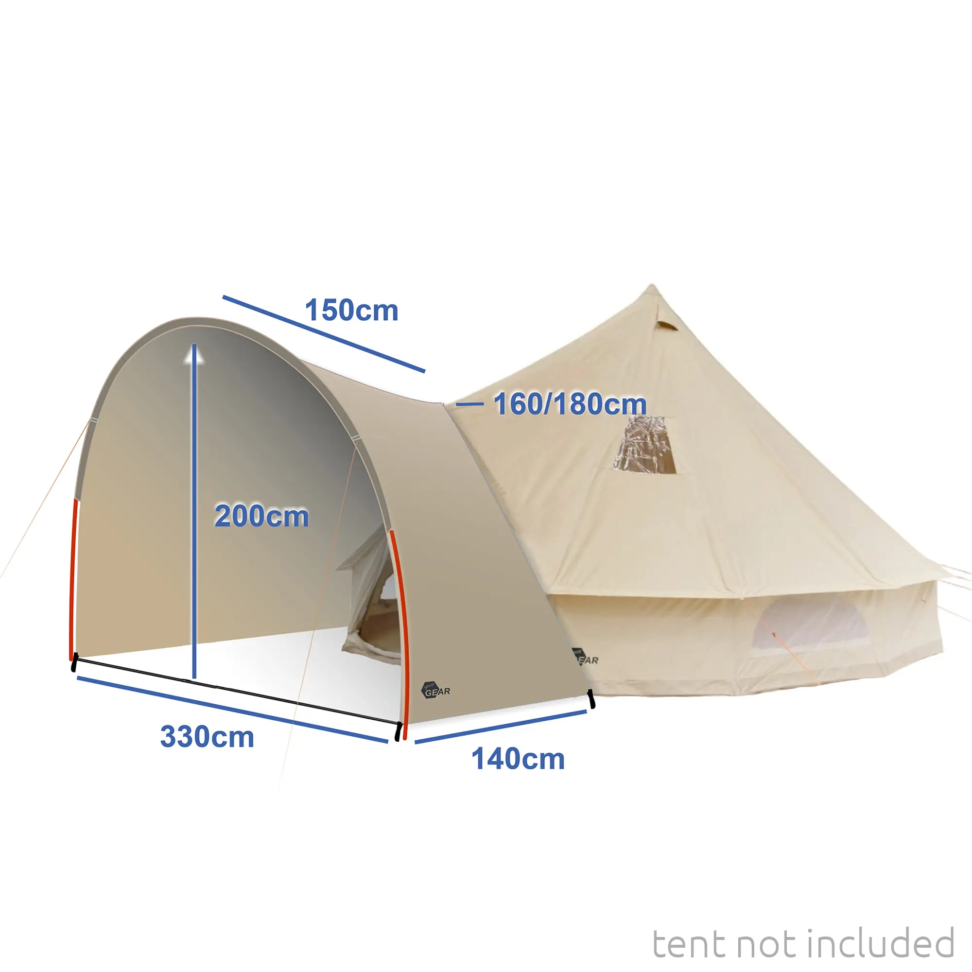 Universal canopy porch your GEAR Canopy Porch Desert Pro 8/10 in beige, shown attached to a tent, made of breathable cotton-polyester, aluminum poles; dimensions 330x140x200 cm; tent not included.