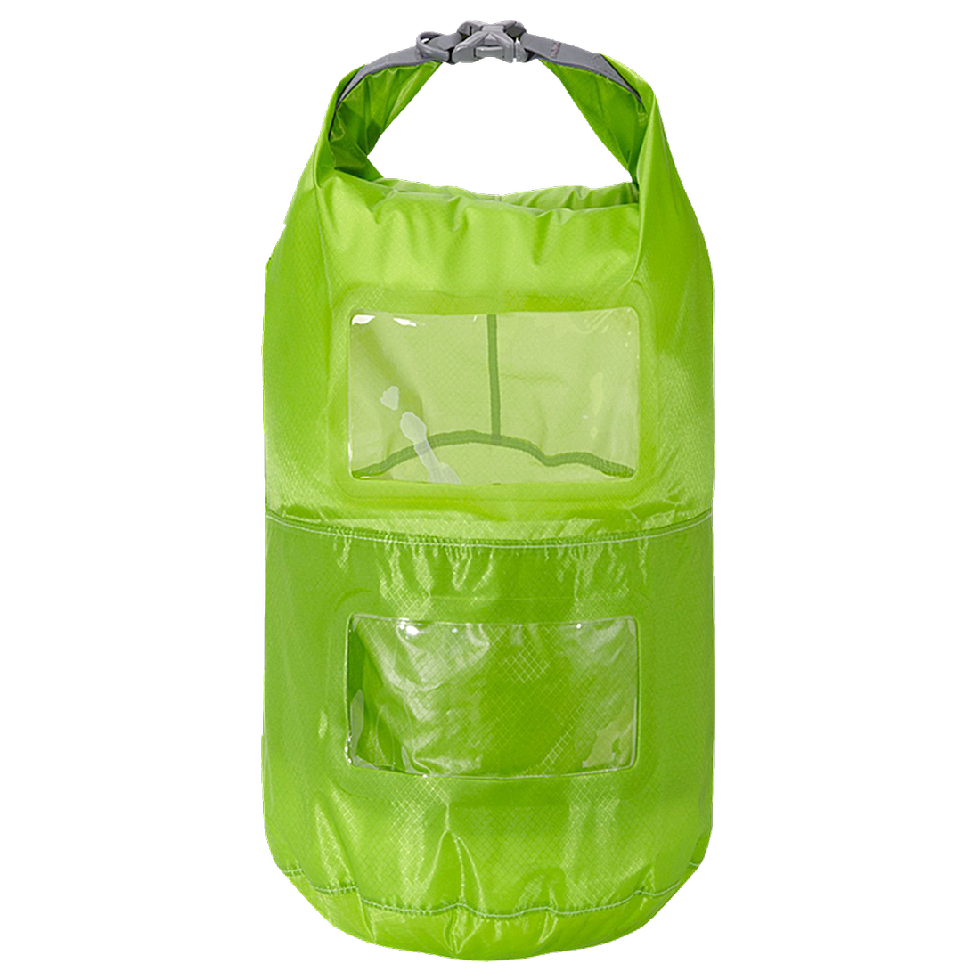 Grüner Trekmates Packsack 15L mit zwei Sichtfenstern, Rollverschluss und zwei separaten Packfächern; aus leichtem, wasserdichtem Nylon, ideal zur übersichtlichen und trockenen Aufbewahrung beim Outdoor-Einsatz.