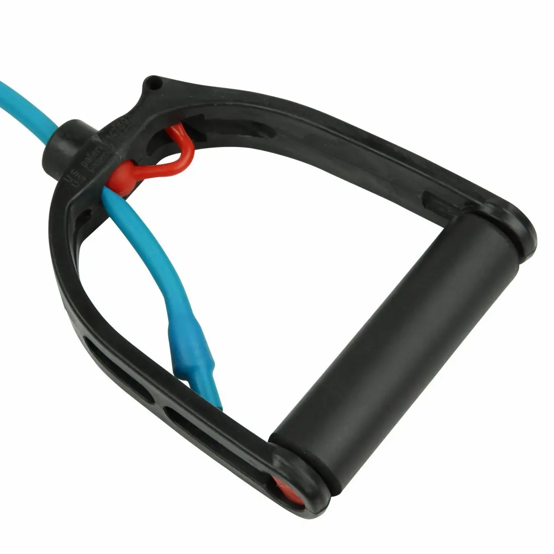 Close-up of the Carnegie Fitness-Tube adjustable resistance band, medium strength, featuring a blue elastic tube, sturdy black plastic handle with foam grip, and red connecting piece for strength training workouts.