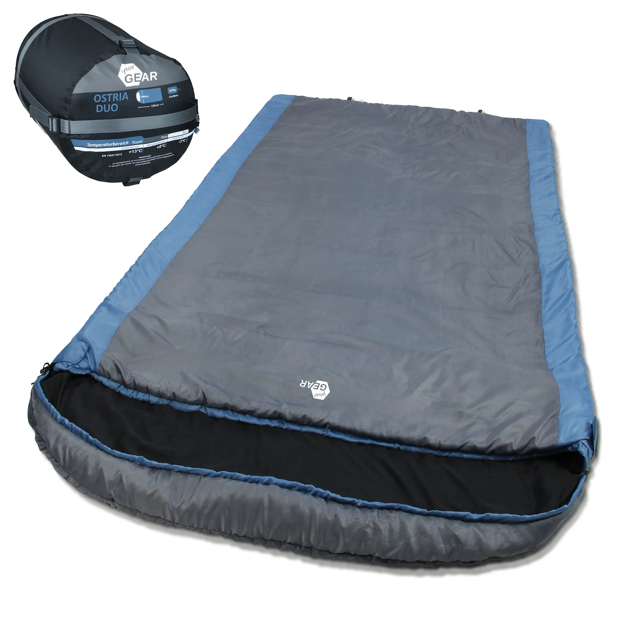yourGEAR Ostria Duo sleeping bag for 2 people, blue and grey, rectangular shape, large size 230x160 cm, shown with compression sack, lightweight and suitable for summer, -3°C temperature rating.