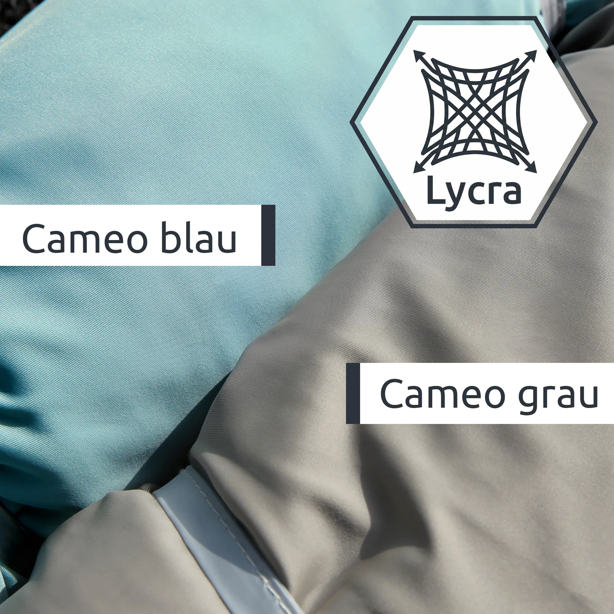 Tela Lycra elástica de toldo de playa your GEAR Cameo, detalle de dos colores (azul turquesa y gris), textura suave, etiquetas "Cameo blau / Cameo grau" y icono UV/Lycra visible.