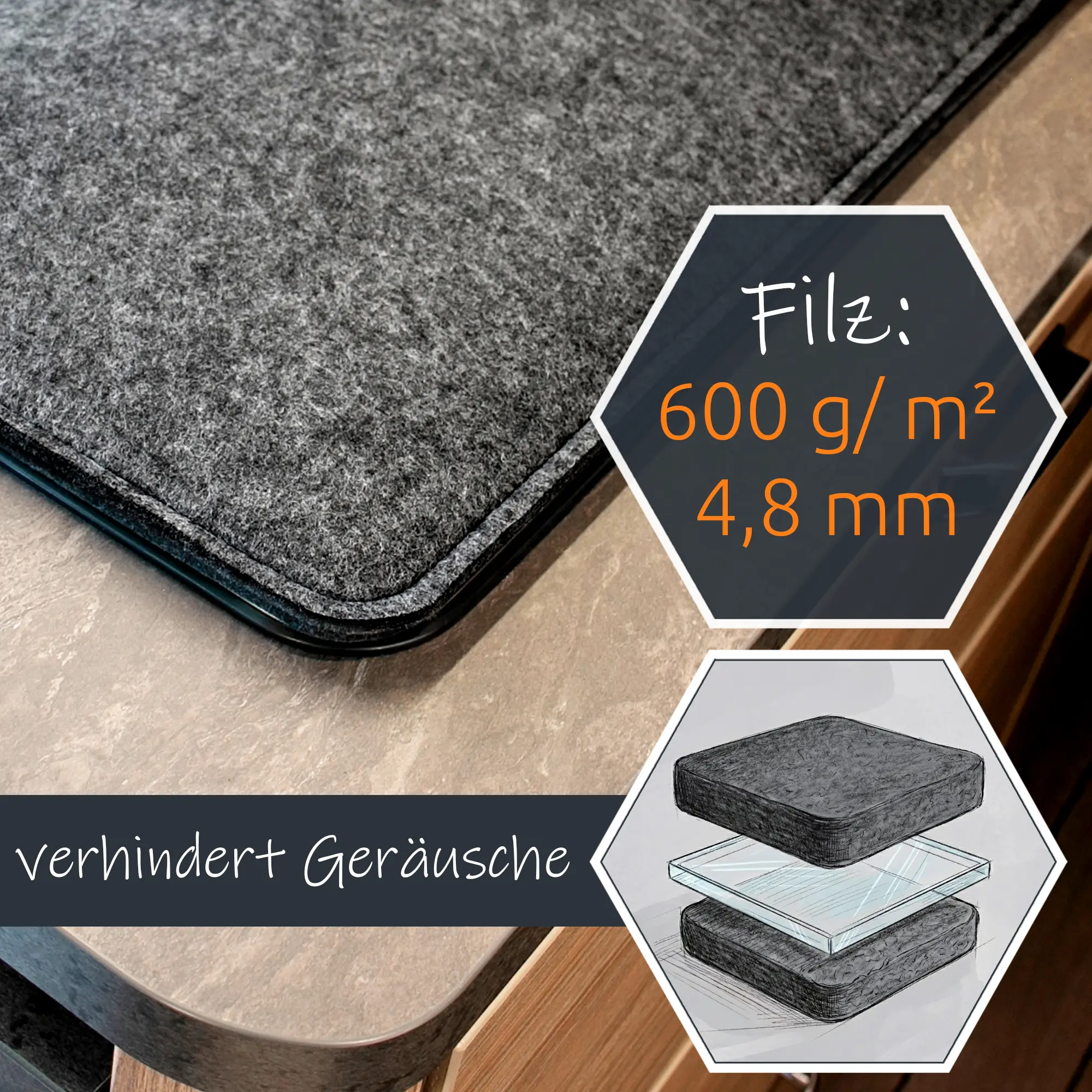 Cubierta de fieltro gris your GEAR Panaro A de 70x31cm y 4,8 mm de grosor para cocina de caravana, protege encimeras y fregaderos, reduce vibraciones y ruidos, densidad de 600 g/m², ideal para campers.