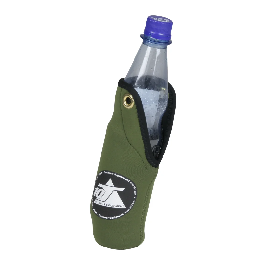Refroidisseur de bouteille 10T Cooler 350 ml en néoprène vert avec fermeture éclair, logo 10T Outdoor Equipment visible, adapté aux bouteilles et canettes pour garder les boissons fraîches ou chaudes.