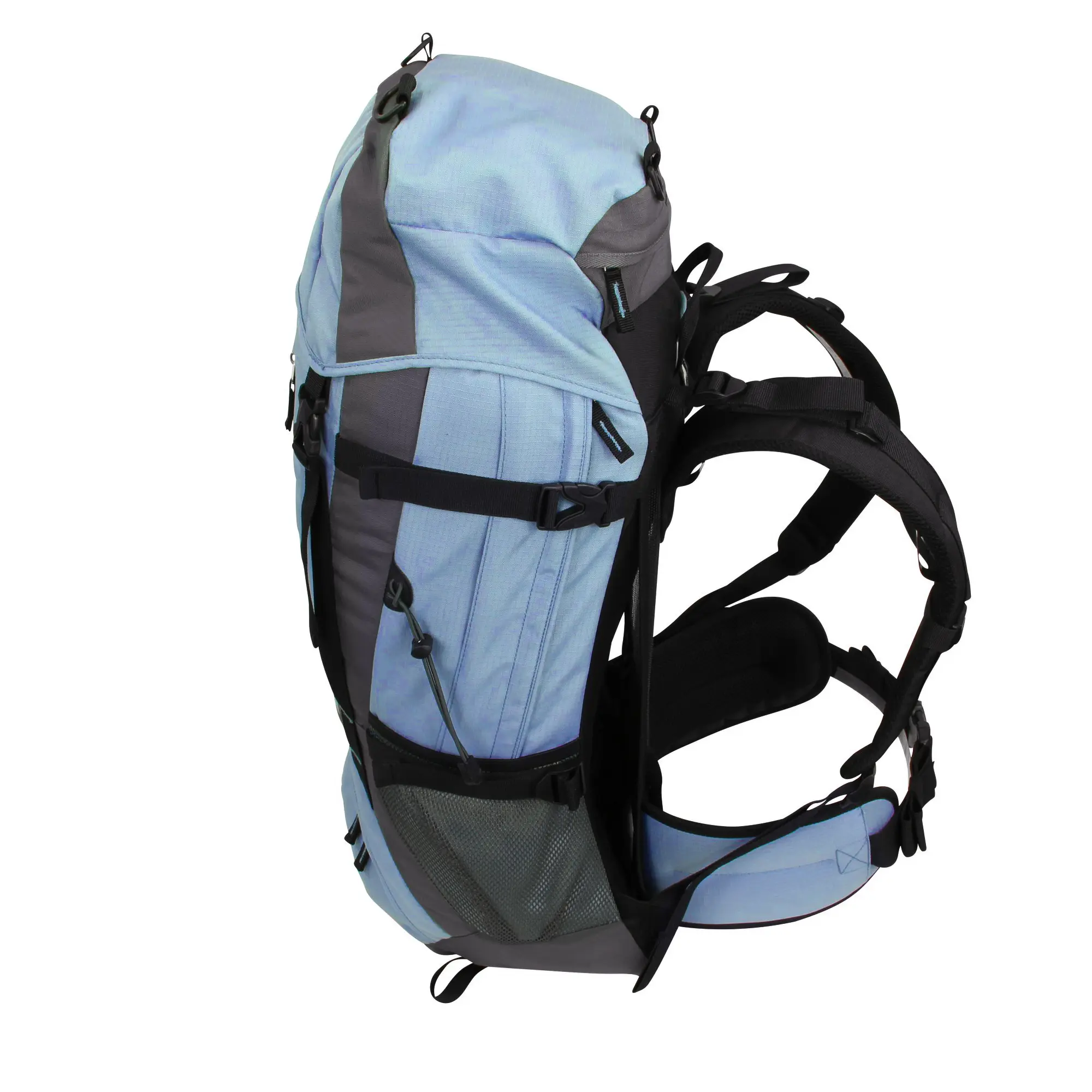 10T Clarke 45L Wanderrucksack in Hellblau und Grau, mit gepolsterten Schultergurten, Hüftgurt, Mesh-Seitentasche, Kompressionsriemen und Trinksystemöffnung, geeignet für Trekking und Outdoor-Touren.