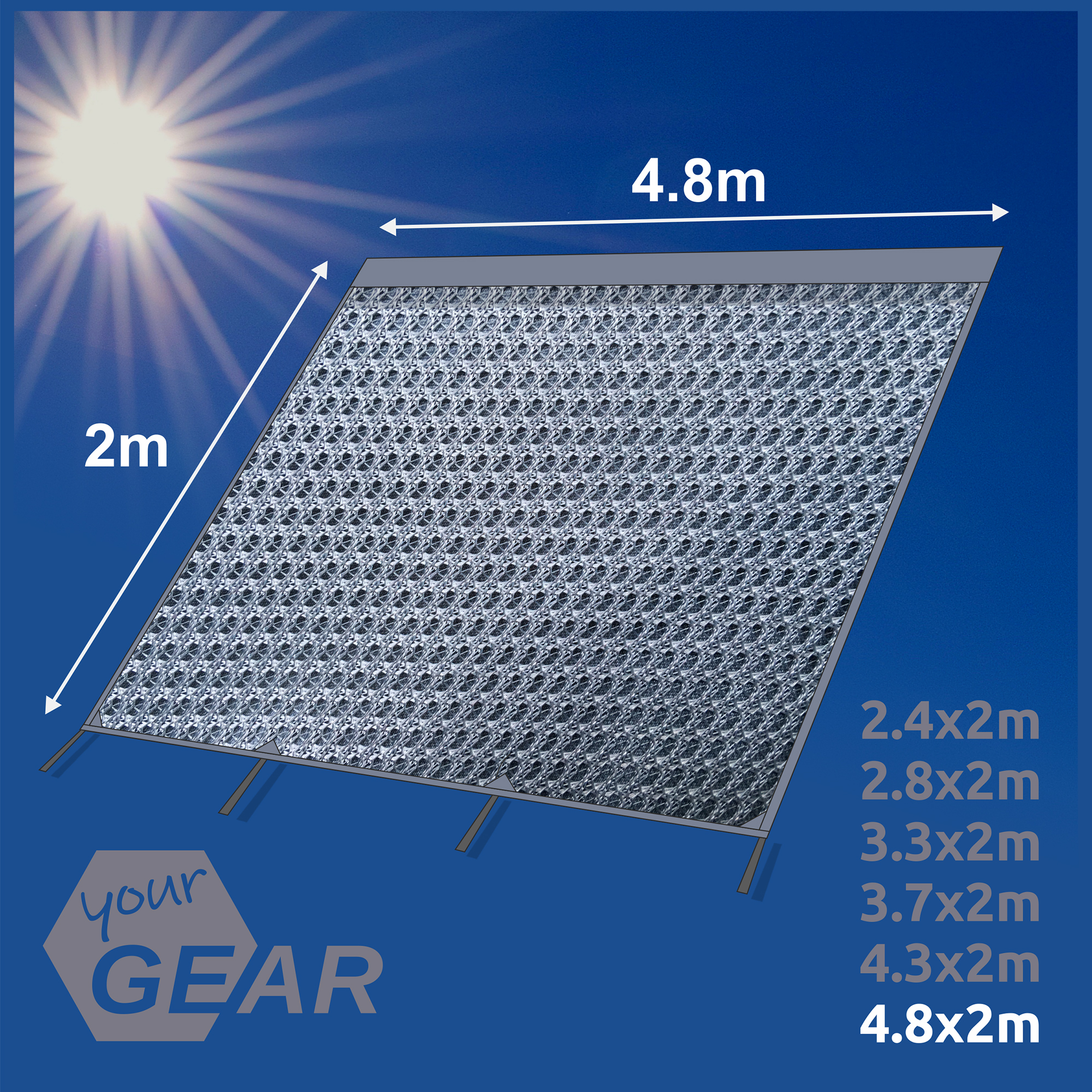 Frontal de toldo your GEAR Capri Sun Blocker, 4,8 x 2 m, tejido especial permeable al viento, protección solar para autocaravana o caravana, estructura gris con dimensiones indicadas en fondo azul.