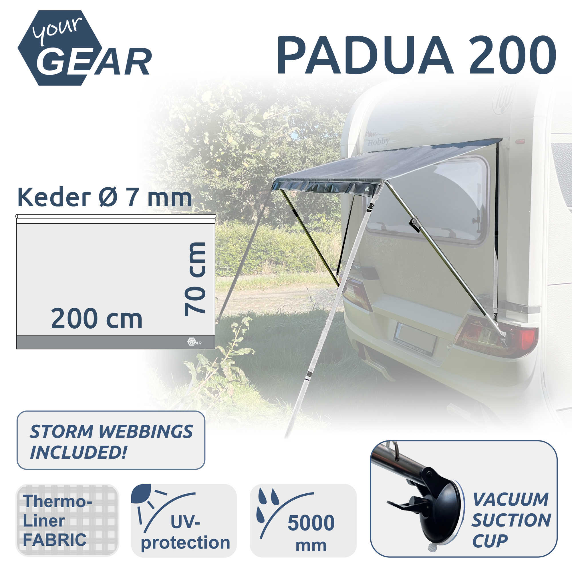 your GEAR Padua 200 window awning for caravans, 200x70 cm, with 7 mm piping, UV 80+ protection, storm webbing, vacuum suction cup, and stable telescopic aluminum frame, shown mounted on a caravan.