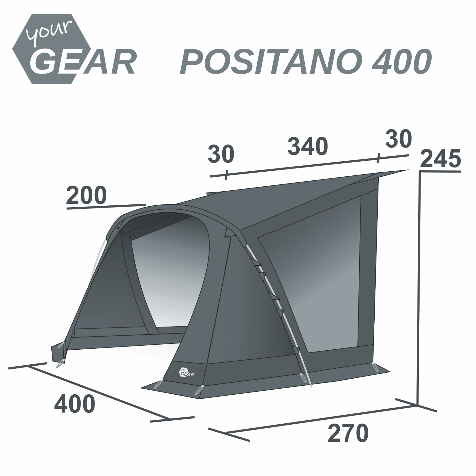 Vorzelt your GEAR Positano 400 für Wohnwagen, mit 4 großen Fenstern, breiter Tür, UV-Schutz 50+, Aluminiumgestänge. Maße 400x270x245 cm, leicht, robustes Outdoor-Zelt für Camping und Caravan.