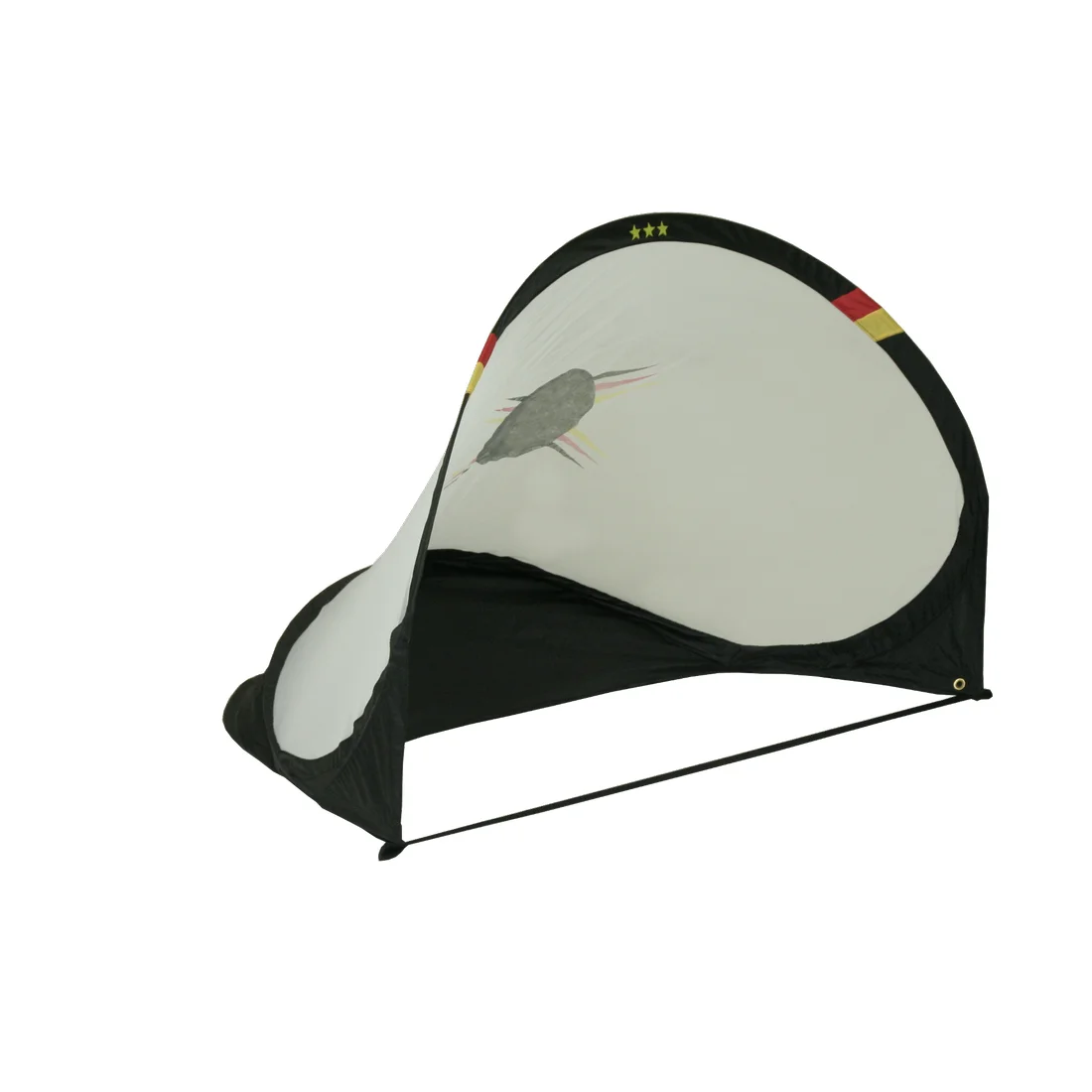But de football pop-up 10T, dimensions 120x90 cm, structure noire et blanche avec motif ballon et détails aux couleurs de l’Allemagne, portable et autoportant, idéal pour jouer au football en extérieur.