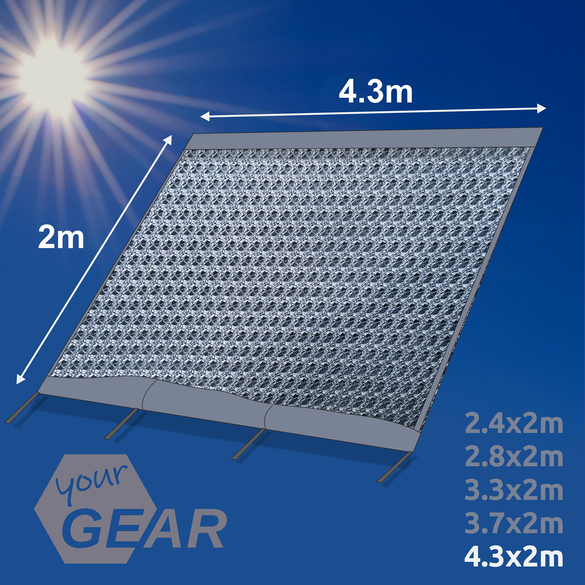 Paroi avant double couche your GEAR Sun + Rain Blocker 4,3 x 2 m pour auvent, tissu spécial gris, protection solaire, pluie et vent, fixée par jonc, dimensions clairement indiquées sur fond bleu.
