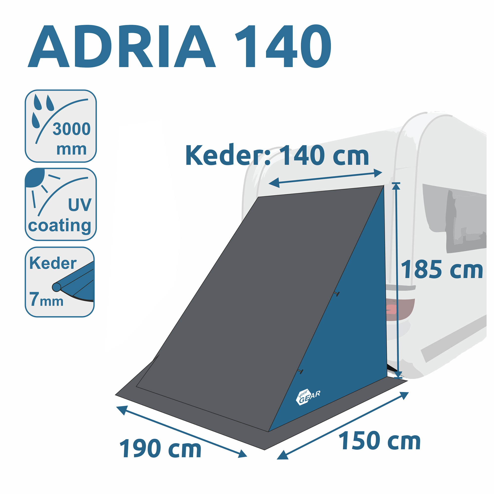 your GEAR Adria 140 Caravan Heckzelt am Wohnwagen, Maße 190x150x185 cm, Keder 140 cm/7 mm, wetterfest mit 3000 mm Wassersäule und UV-Schutz, ideal als Stauraum- oder Lagerzelt für Camping.