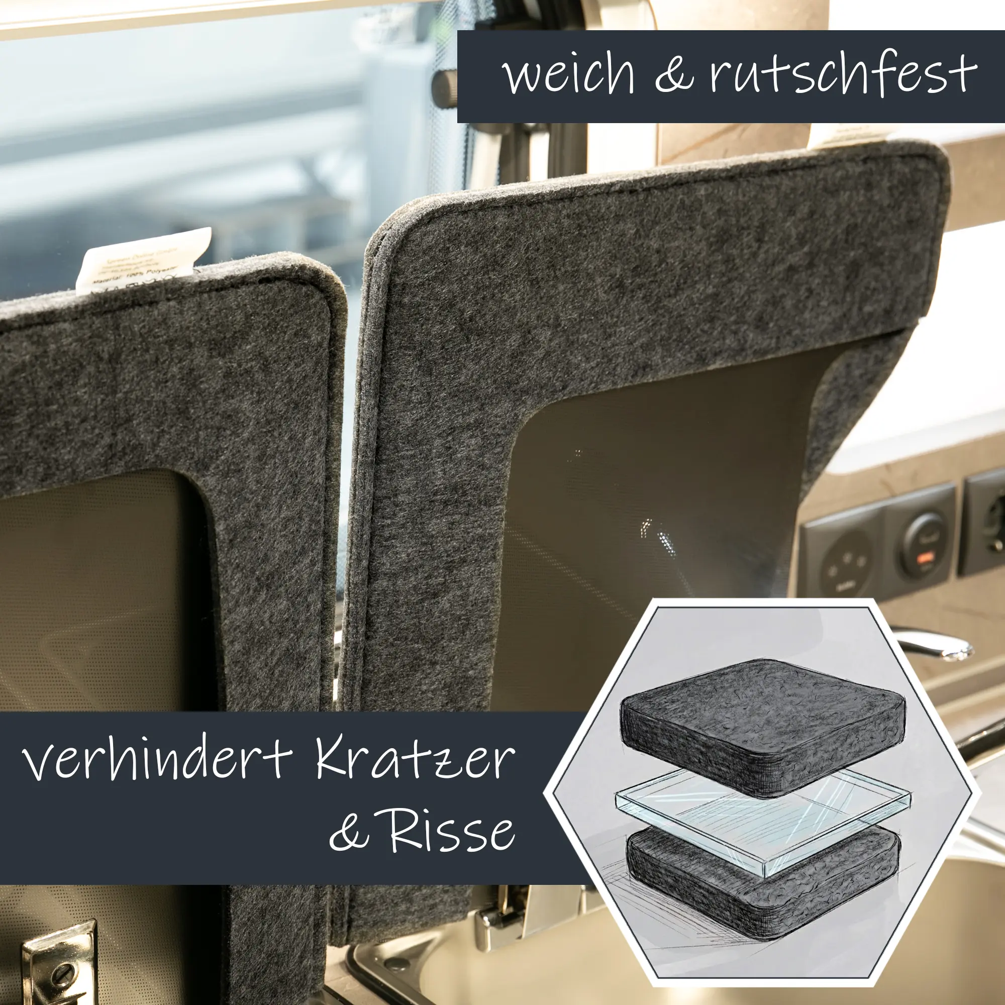 Cubierta de fieltro your GEAR Panaro E Set para cocina y fregadero de caravana, gris, antideslizante y suave, protege vidrio de arañazos y grietas, medidas 63x34/33x34 cm, grosor 4,8 mm, ideal para campers y furgonetas.