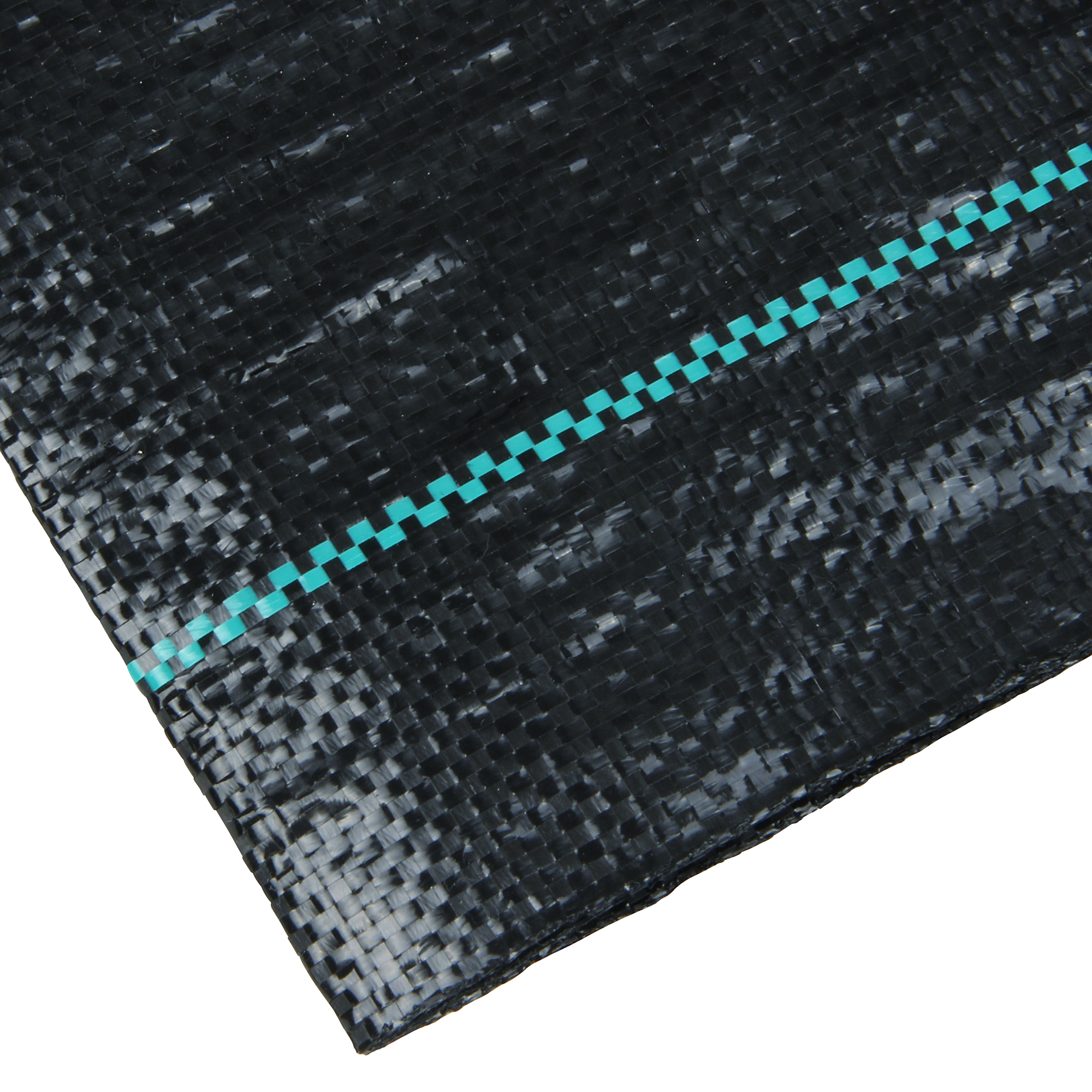 Black yourGEAR weed control fabric 2x5 m, 100g/m², with green marking line, woven texture, UV-stable, water-permeable, durable garden ground cover for weed prevention. Close-up of material structure.