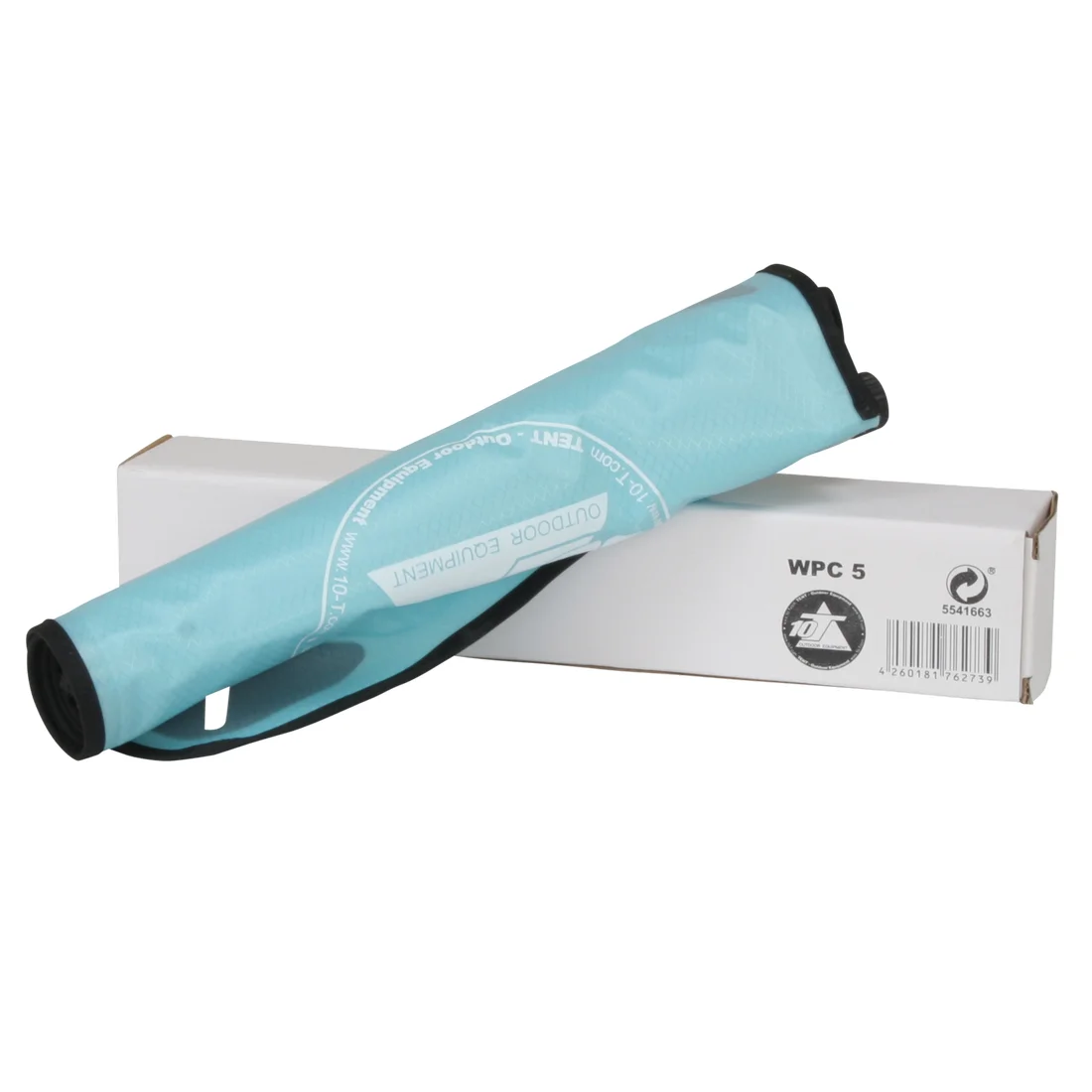 10T Dry Bag WPC 5 Liter, türkisfarbener, wasserdichter und komprimierbarer Packsack, zusammengerollt vor weißer Verpackungsschachtel, Outdoor-Ausrüstung, ideal für Camping und Wassersport.