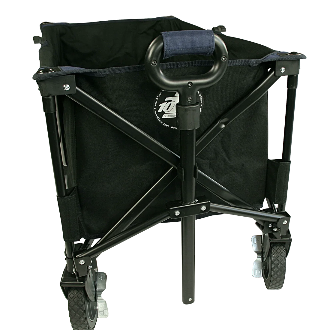 Carro plegable 10T Foldy Trolley XL de color negro, estructura metálica robusta, ruedas grandes para arena y asa ergonómica. Ideal para playa y excursiones, fácil de transportar y almacenar.