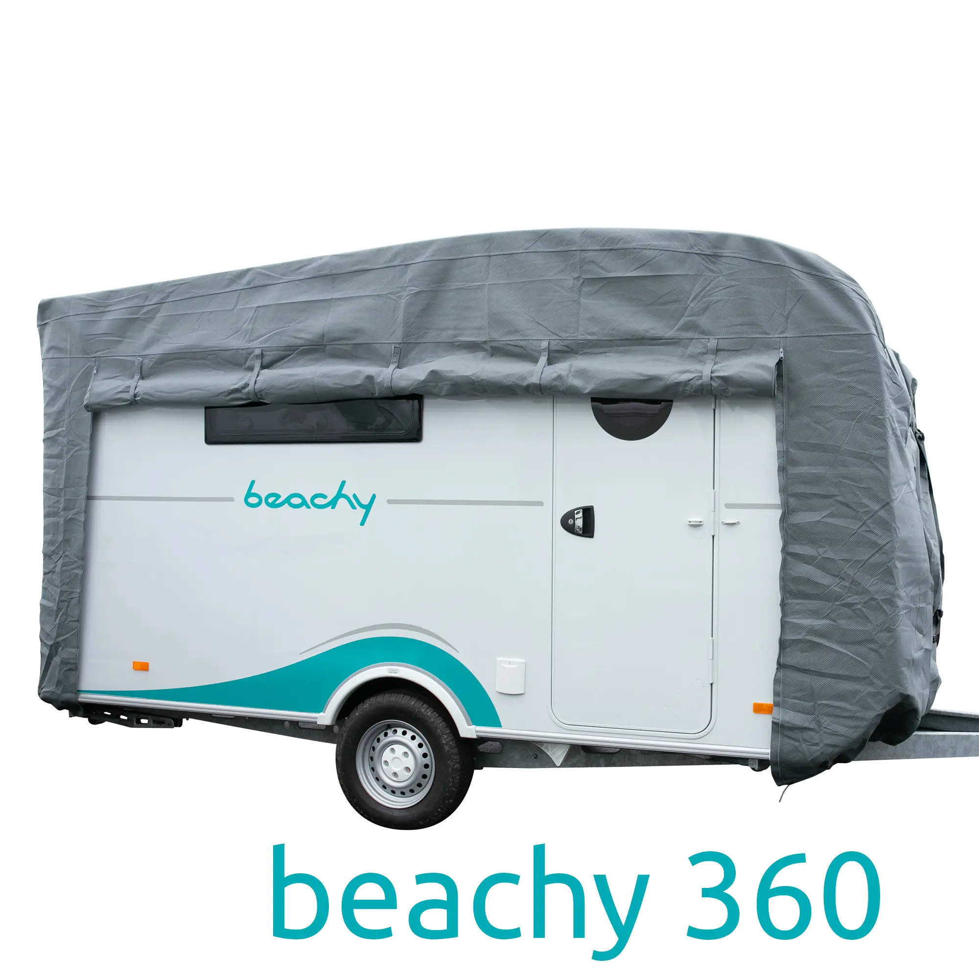 Copertura per caravan your GEAR Naro M grigia, 4 strati, montata su Hobby beachy 360. Materiale resistente, include copertura timone, protegge il caravan da intemperie. Scritta "beachy 360" in basso.