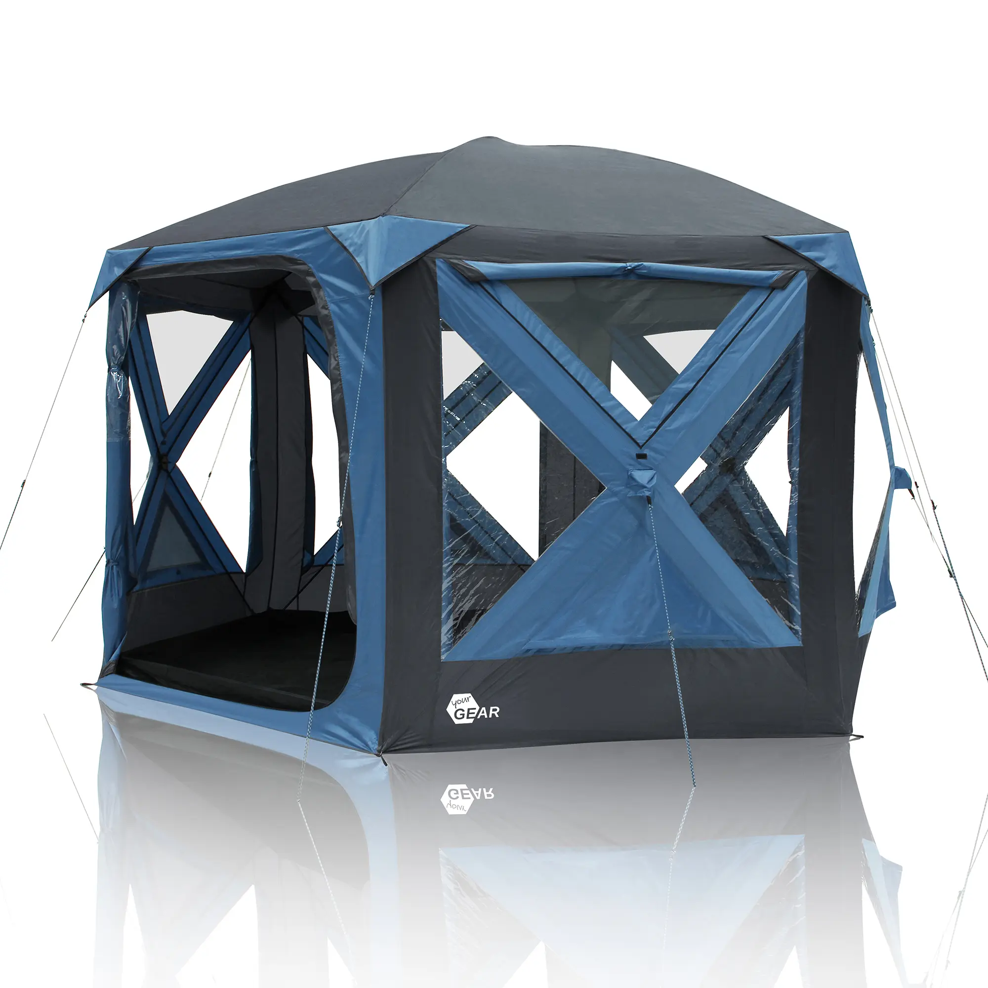 Pop Up Pavillon yourGEAR Levanzo, 8,5 m², für 4-6 Personen, eckiges Familienzelt mit großen Fenstern, Bodenwanne, wasserdicht, blau-schwarz, schnell aufbaubar, geeignet als Campingzelt oder Gartenpavillon.