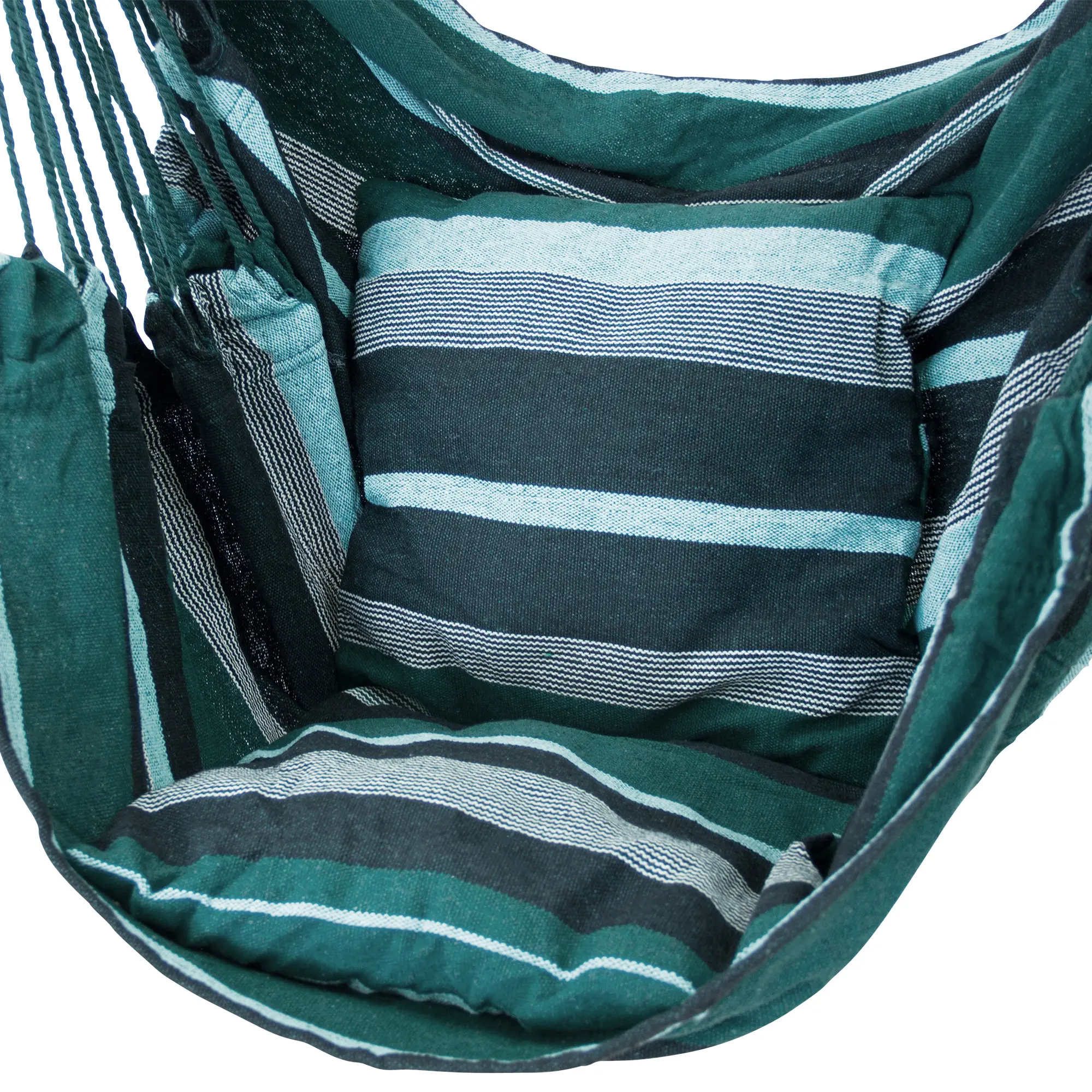 Silla colgante yourGEAR Lombok Smaragd con dos cojines extraíbles, diseño a rayas en tonos verdes y negros, material resistente, ideal para interior y exterior, soporta hasta 240 kg.