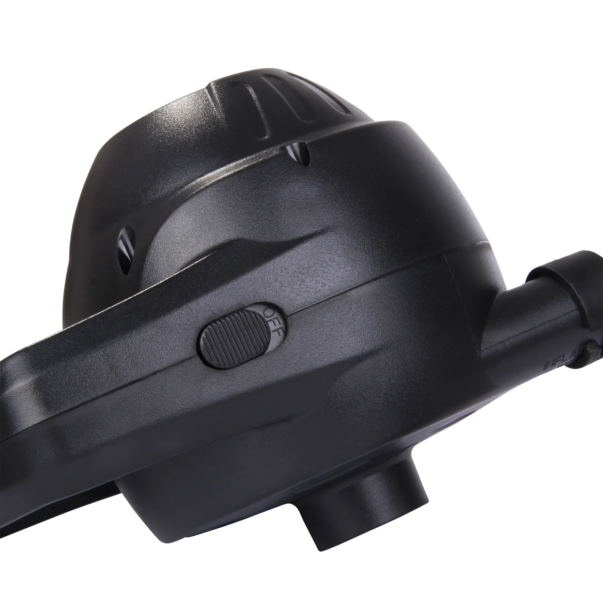 Pompa elettrica Blueborn P110 12V nera, con interruttore on/off visibile, corpo compatto e ugello per gonfiaggio. Ideale per materassi gonfiabili, piscine e giocattoli.