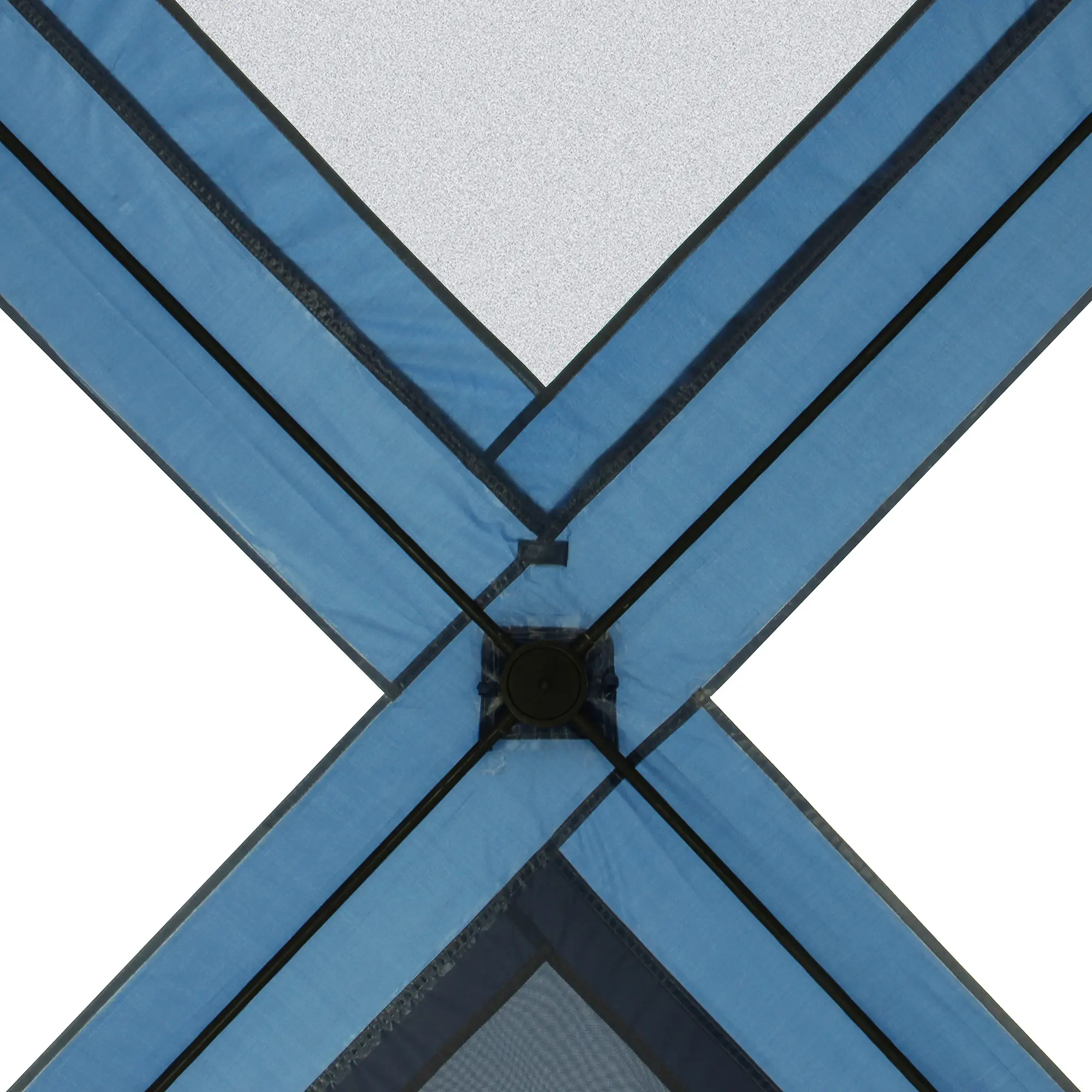 Detailansicht des blauen Pop Up Faltgestänges vom yourGEAR Levanzo Pavillonzelt, zeigt die robuste Verbindung der Stangen und die wasserdichte Verarbeitung für 4-6 Personen, ideal als Familienzelt.