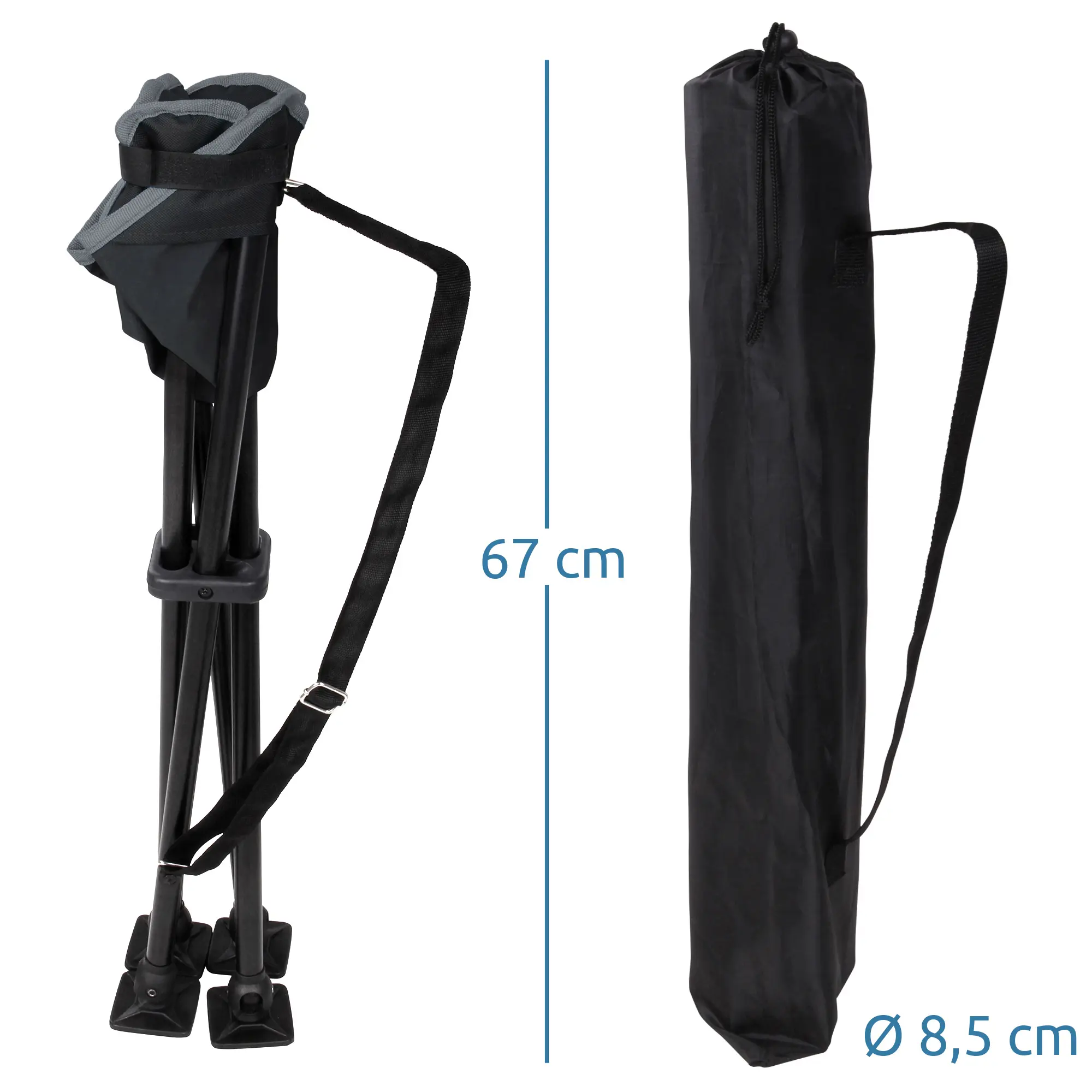 your GEAR Camping-Hocker Sesto, zusammengeklappt mit Tragegurt und Transporttasche, Maße 67 cm Länge und 8,5 cm Durchmesser, stabile vier Beine mit großen quadratischen Füßen, ideal für Outdoor-Einsatz.