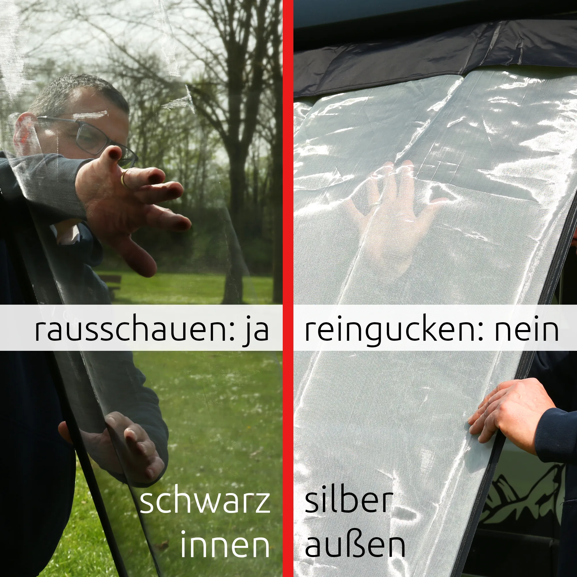 your GEAR Phoenix Sun & Rain 240x200 cm awning front panel with black inner Silver-Black mesh, silver reflective outer layer, hand demonstrating see-out privacy and weatherproof cover texture