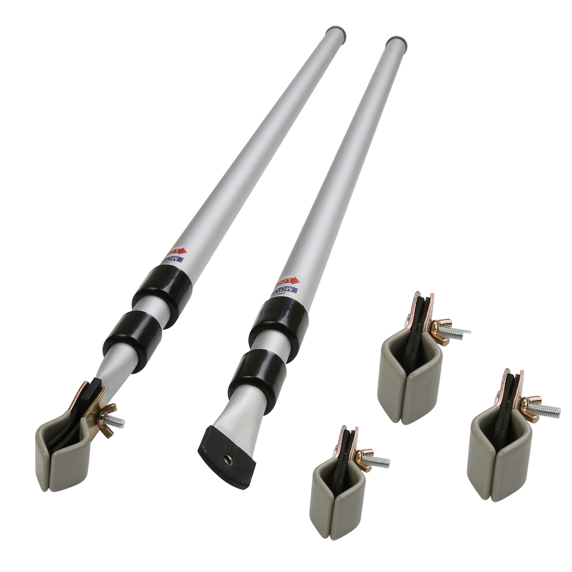 your GEAR Rear Upright Pole Set with 2 telescopic pressure poles (108–260 cm) and 4 mounting clamps, designed for caravan awning side wall support and weather protection, shown in silver and black.