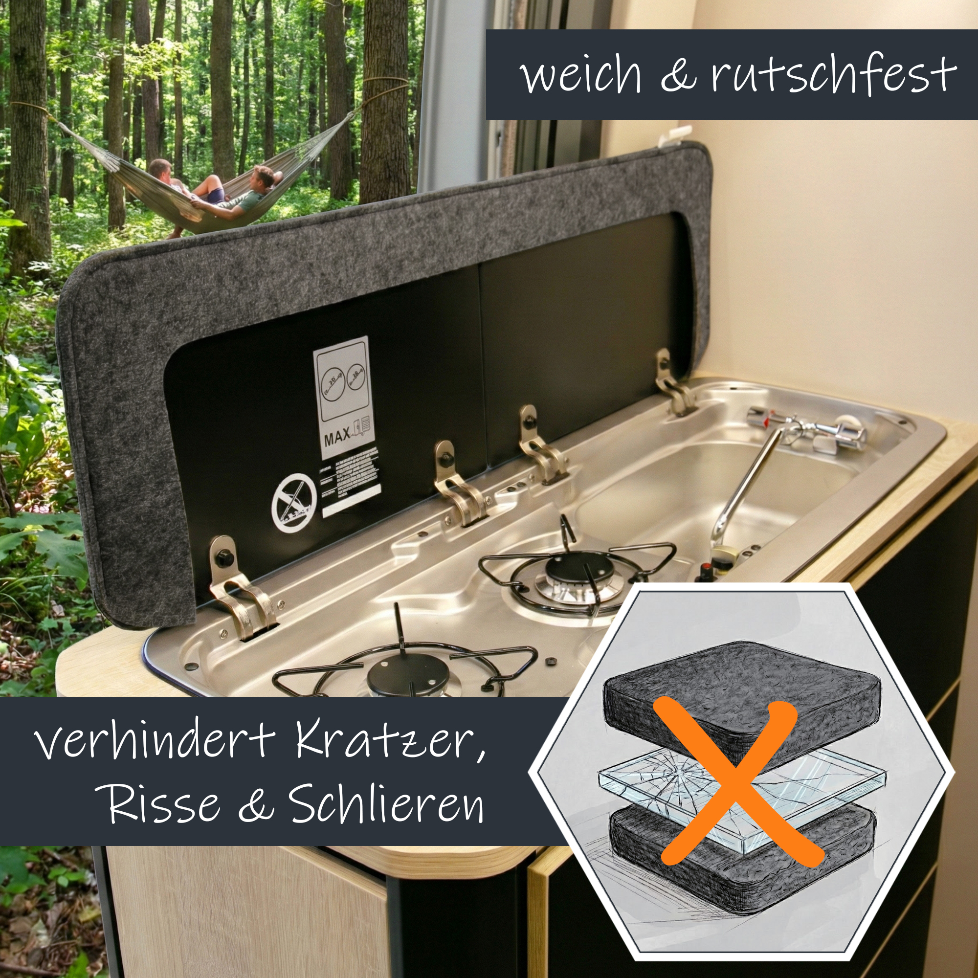 Protection en feutre your GEAR Panaro D 75 x 28 cm pour cuisinière et évier de camping-car, montrée sur une cuisine de van, empêche rayures et vibrations, surface grise douce et antidérapante.