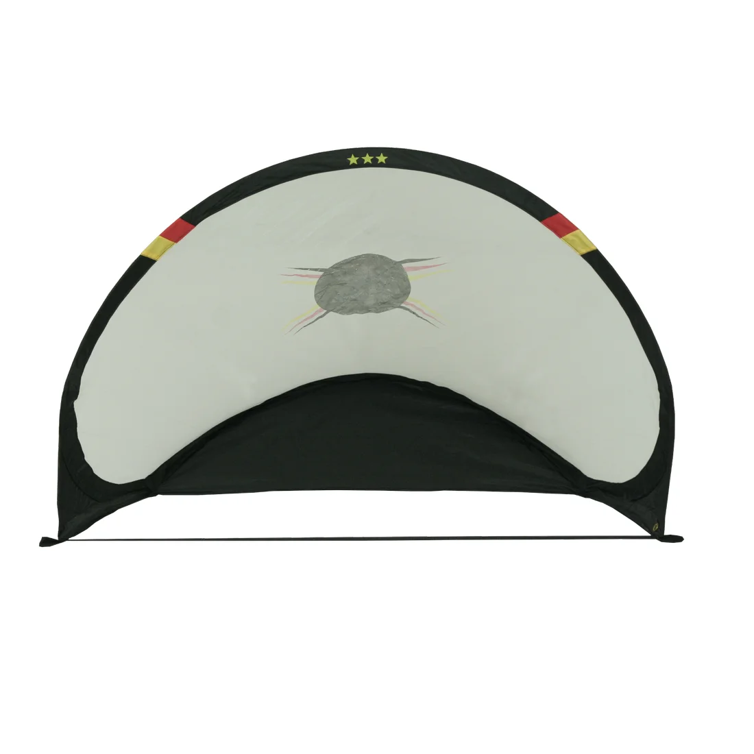 But de football pop-up 10T, dimensions 120x90 cm, cadre noir, toile blanche avec motif balle et couleurs allemandes, trois étoiles sur le dessus. Idéal pour enfants et fans de foot, usage extérieur portable.
