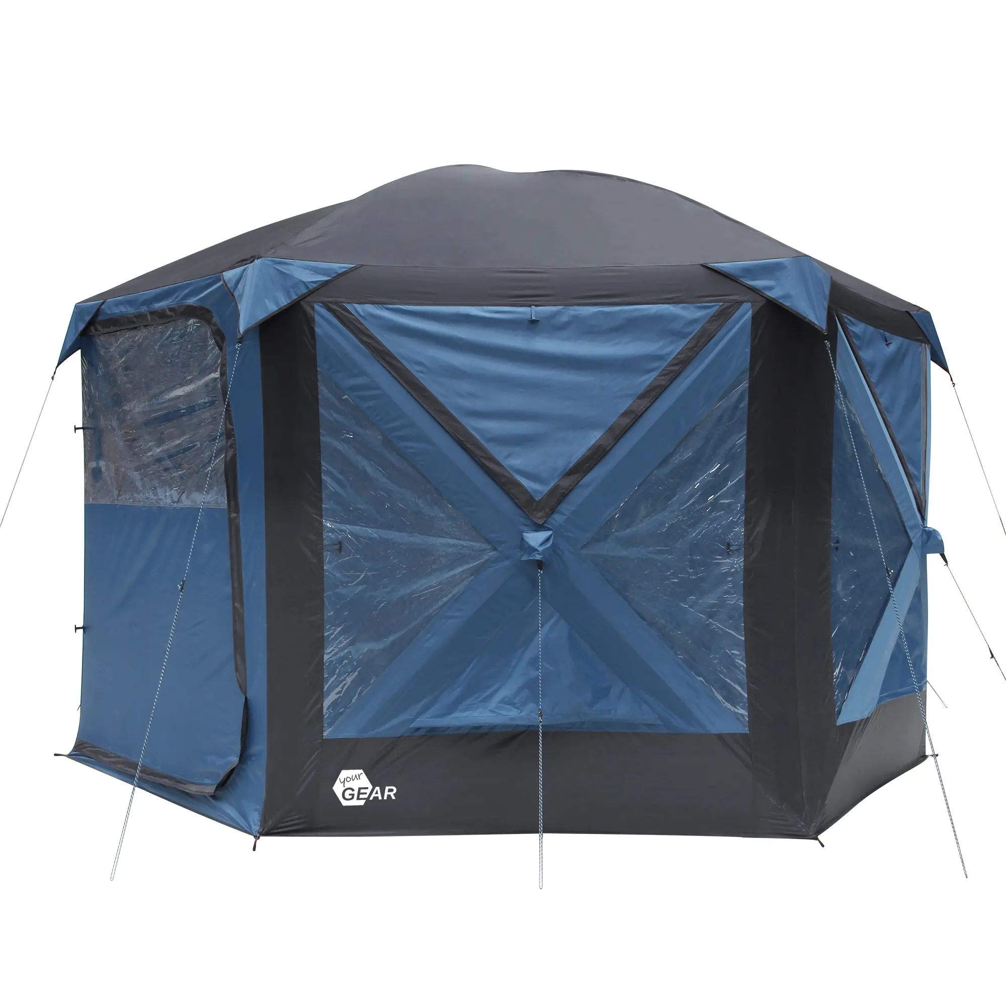 Pop Up Pavillon yourGEAR Levanzo, achteckiges Zelt in Blau mit großen, transparenten Fenstern, stabilen Abspannleinen und wasserdichtem Material, geeignet für 4-6 Personen, 8,5 m² Fläche.