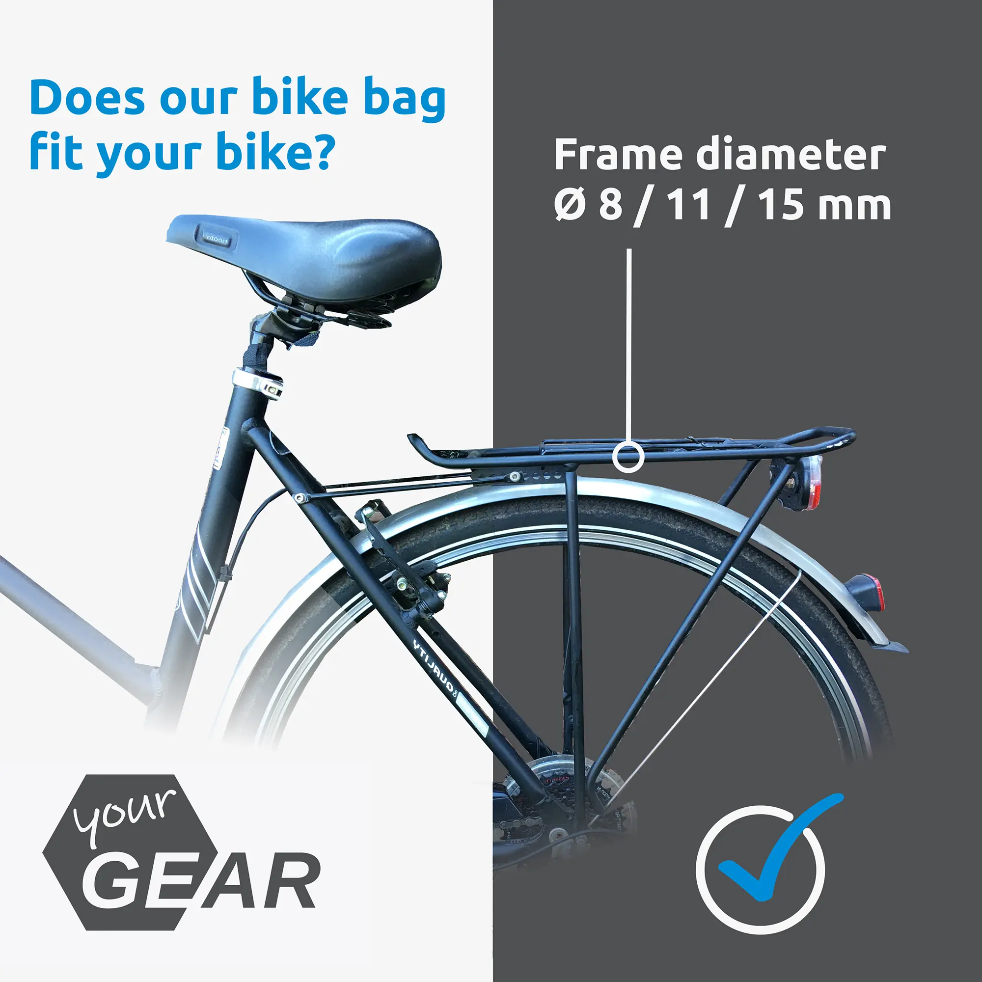 Vélo avec porte-bagages compatible avec la sacoche yourGEAR Arco 19 L, adapté aux cadres de diamètre 8, 11 et 15 mm, logo yourGEAR visible, indication de compatibilité avec coche bleue.