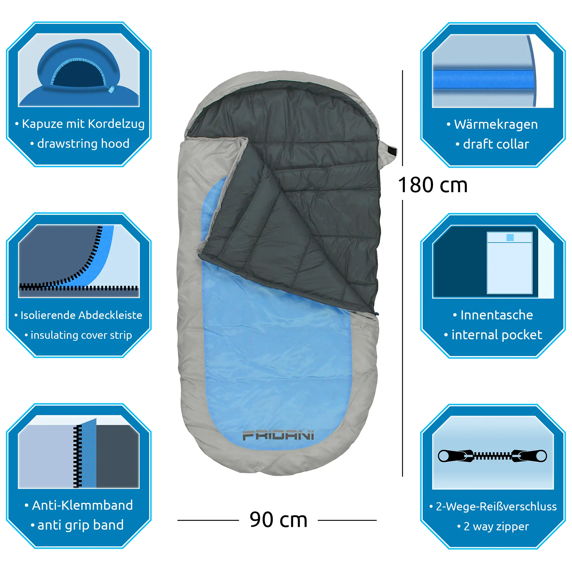 Sacco a pelo blu e grigio 180x90 cm con cappuccio con cordoncino, striscia isolante, fascia anti-blocco, colletto termico, tasca interna e cerniera a due vie, con icone descrittive.