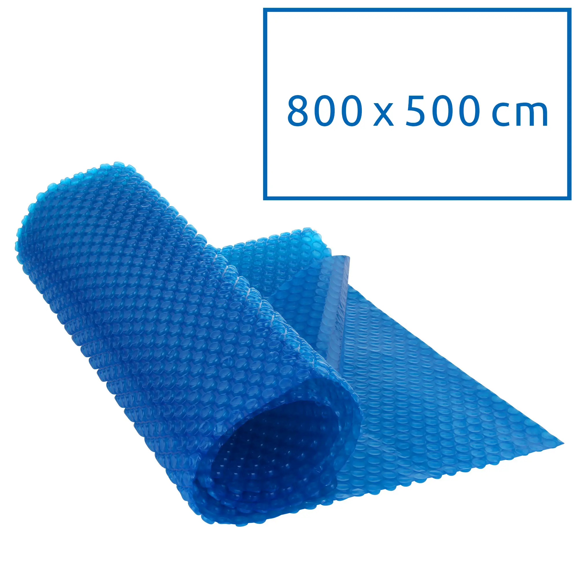 Rectangular your GEAR Solarplane SC-500x800 solar pool cover, 300 µm thick blue bubble solar foil, unrolled, visible texture, dimensions 800 x 500 cm shown in box, for solar-powered pool heating.