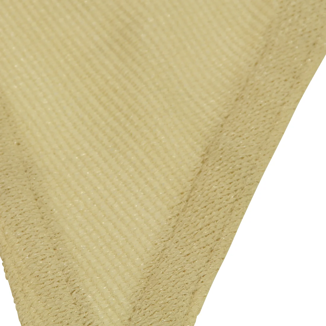 Close-up of the 10T Emerson triangular sun sail tarp, beige color, showing weather-resistant, breathable fabric texture and reinforced edge. Ideal for 90% UV protection in garden, terrace, balcony, or camping.