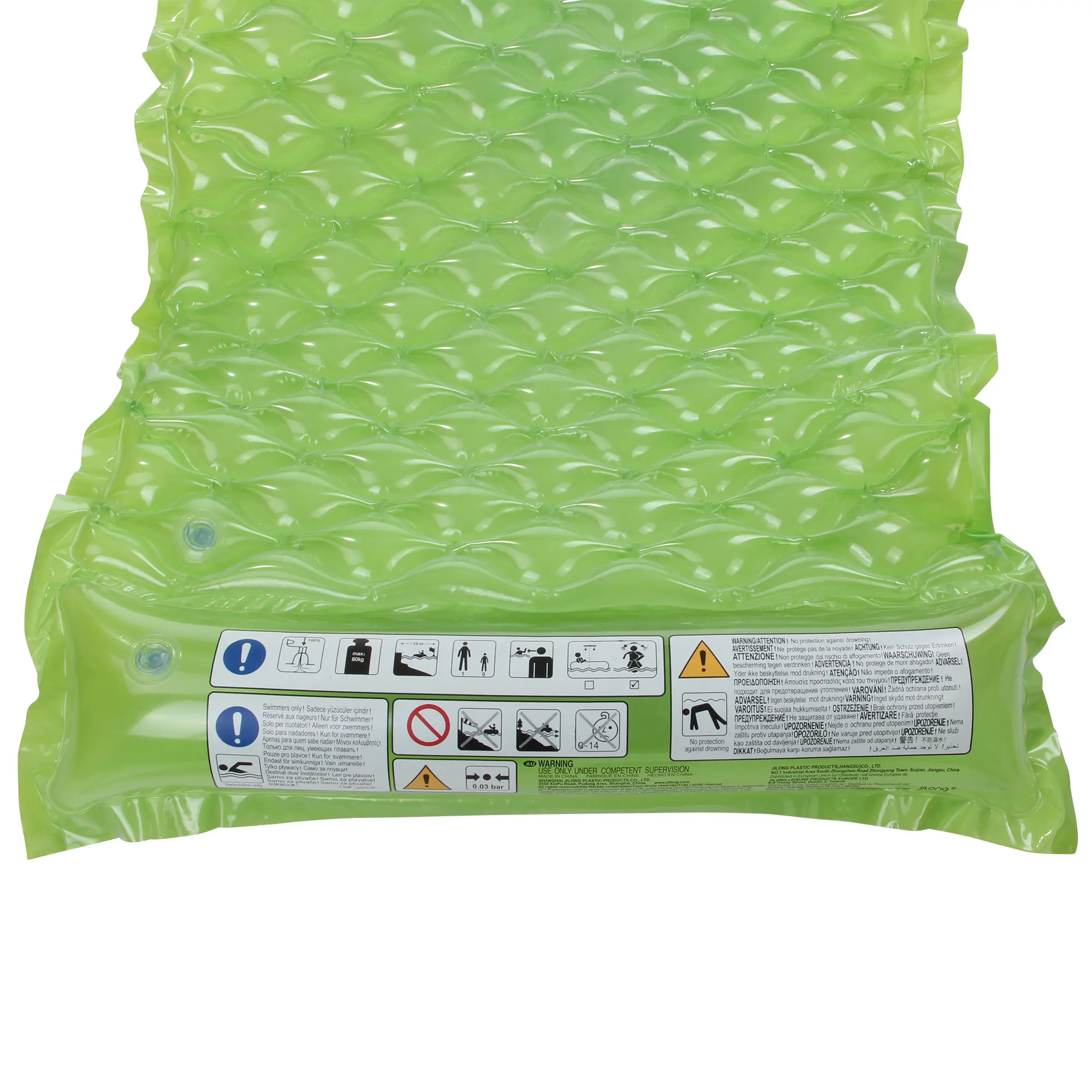 Colchón inflable verde Jilong Wave Mat de 218x88 cm con estructura tipo gofre y almohada integrada, dos válvulas de inflado y panel de advertencias visibles en la parte inferior. Ideal para piscina o playa.