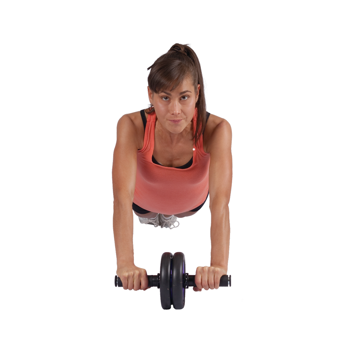 Donna trainiert mit dem Spirit Carnegie Ab Toner Roller Bauchtrainer mit Doppelrad und Bremse, geeignet zur Stärkung von Rücken- und Bauchmuskulatur, Fitnessgerät für effektives Heimtraining.