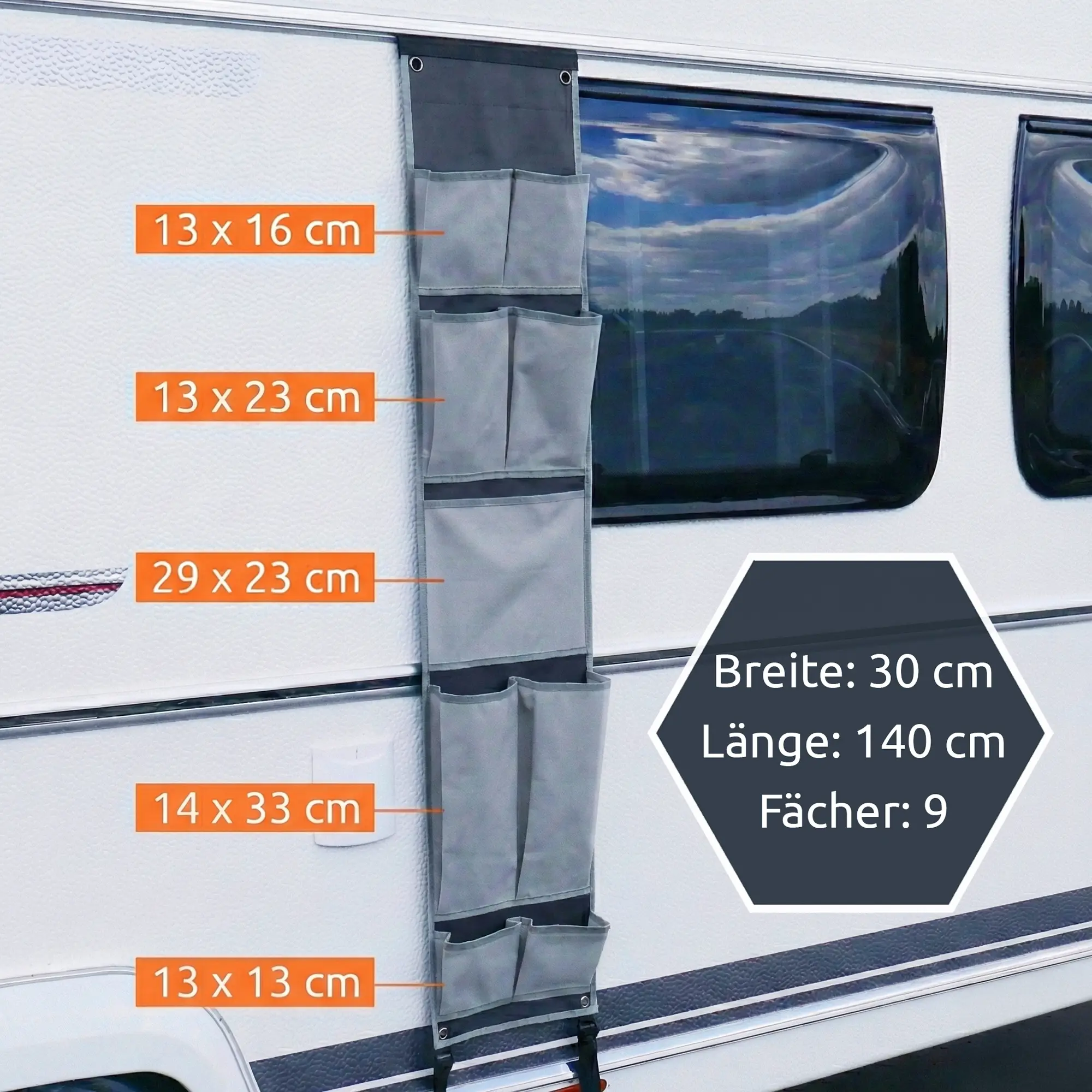 Organisateur suspendu your GEAR pour caravane, 140 x 30 cm, 9 poches de tailles variées, fixé à une paroi extérieure de camping-car, idéal pour le rangement en camping, couleur grise, poches étiquetées.