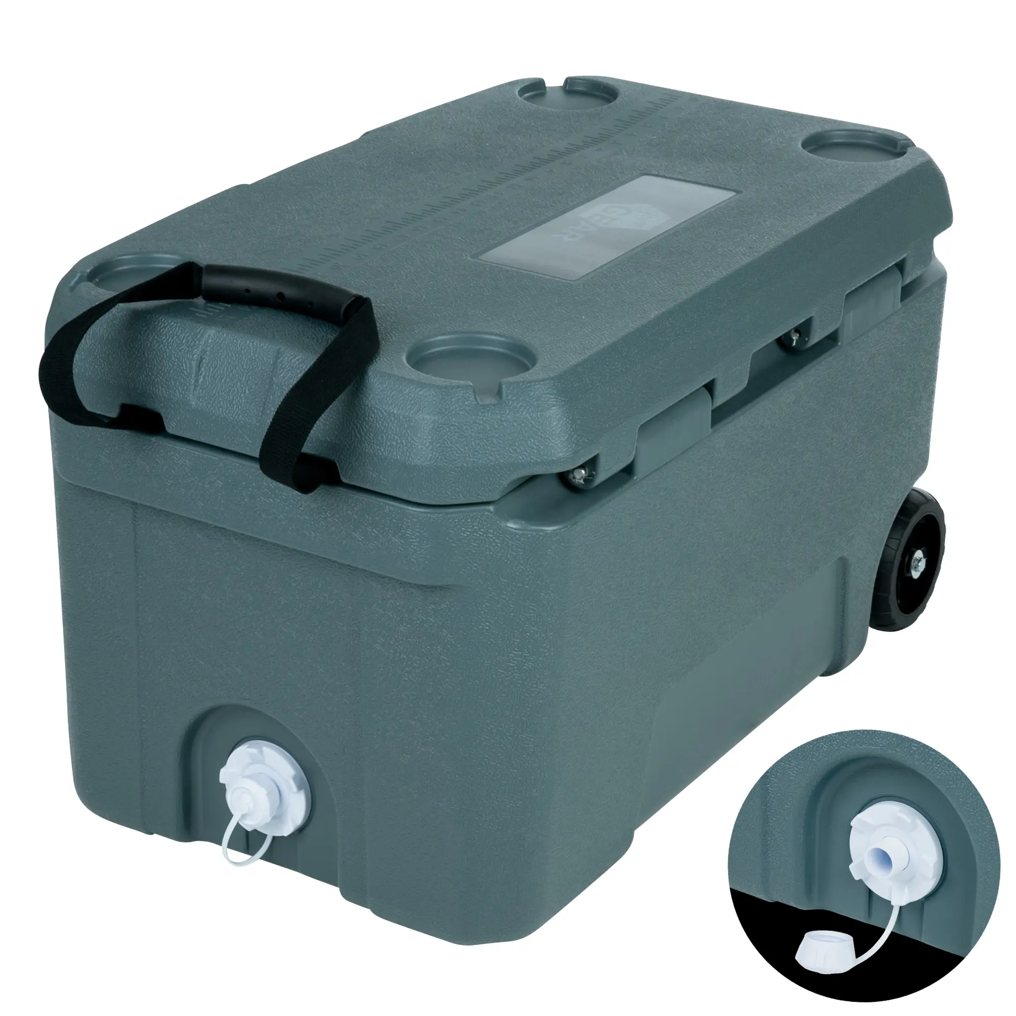 your GEAR Katmai 50L Kühlbox in Grau, mit Rollen, Tragegriff, auslaufsicherem Boden-Abfluss und isoliertem Korpus. Große, robuste passive Thermobox für bis zu 9 Tage Kühldauer.