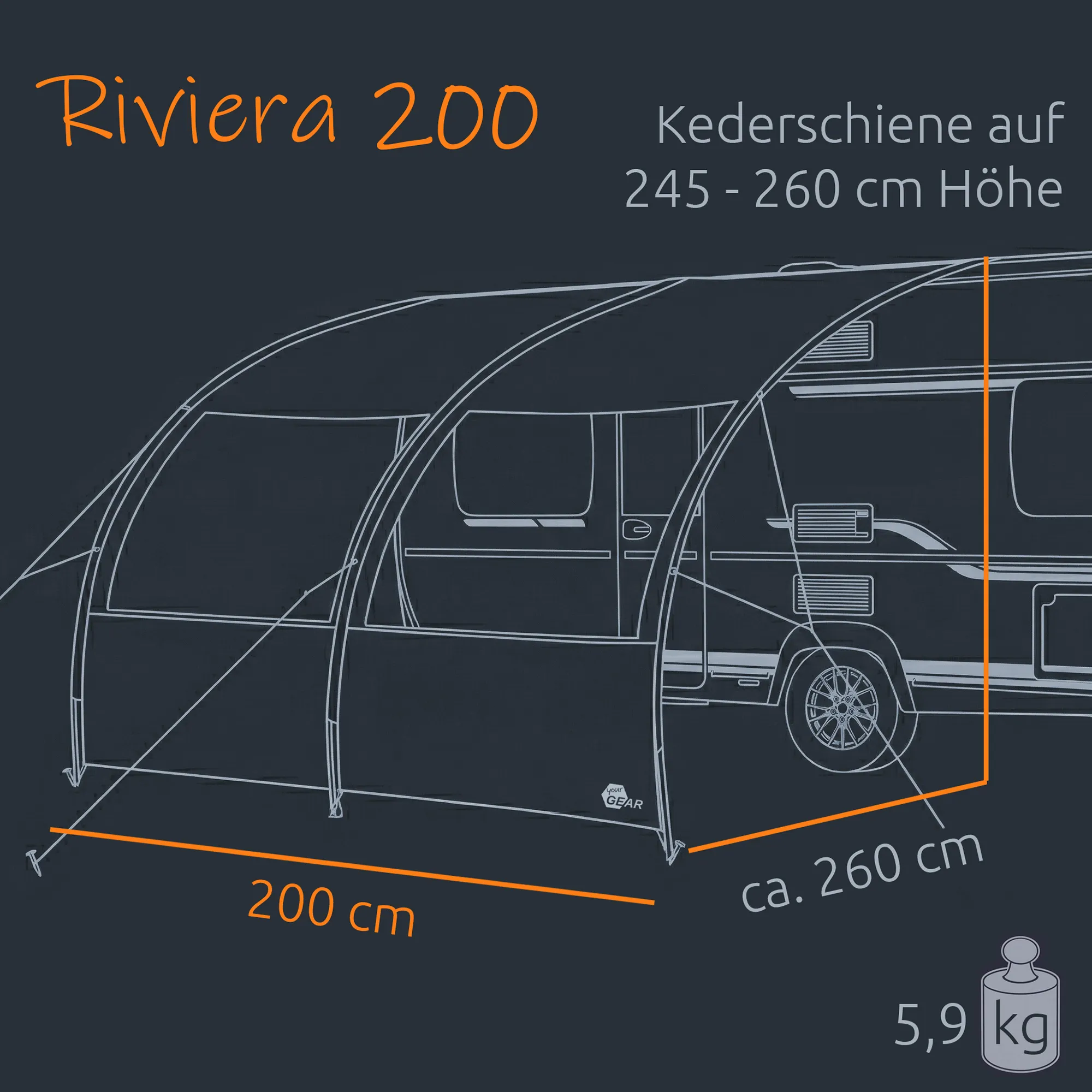 Tente-vordach your GEAR Riviera gris 200×260 cm, auvent léger UV50+ pour caravane/camping-car, arche incurvée avec fenêtres, fixation keder 245–260 cm, panneau avant partiel, poids env. 5,9 kg.