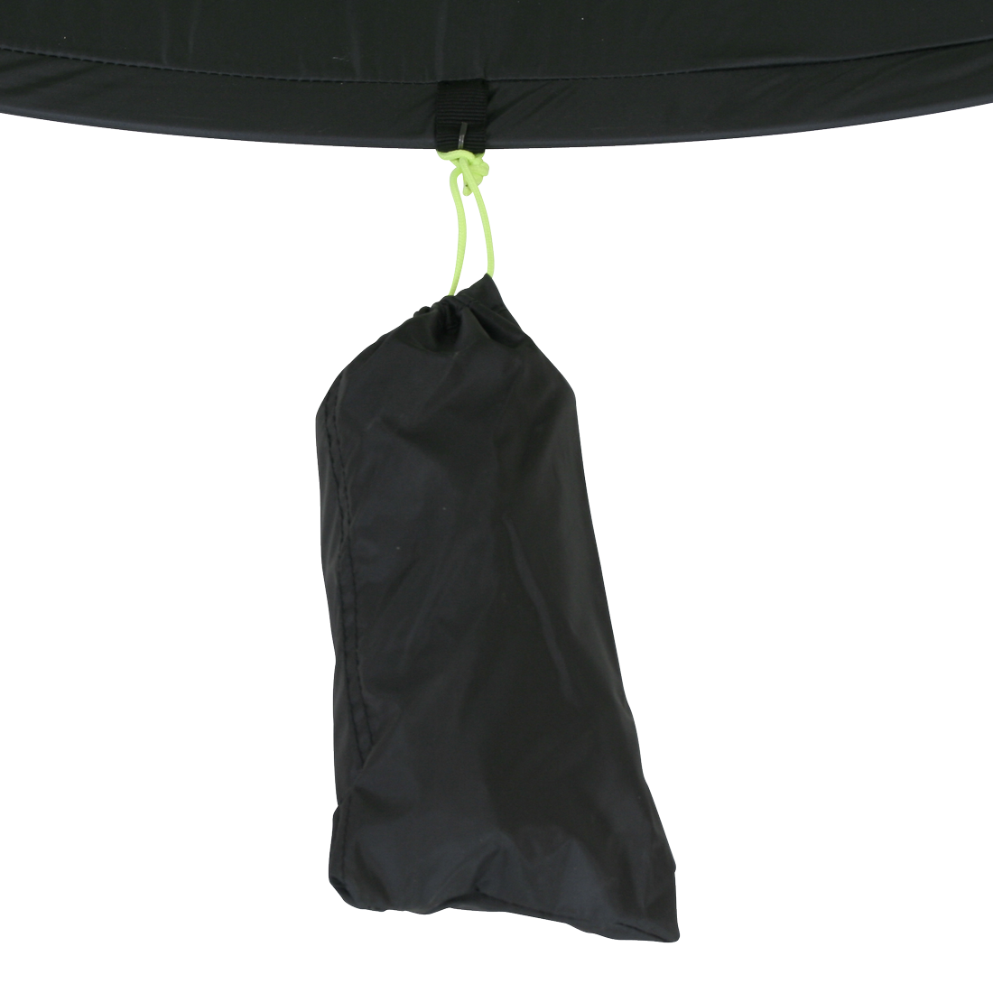 Schwarze Sandtasche mit Kordelzug, Teil der 10T Pop Up Strandmuschel Flower UV 50+ für sicheren Stand am Strand, befestigt an der Zeltwand, geeignet als Wind- und Sonnenschutz für zwei Personen.