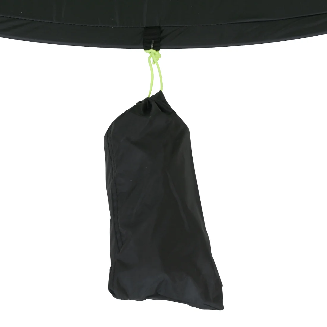 Schwarze Sandtasche mit Kordelzug, Teil der 10T Pop Up Strandmuschel Flower UV 50+ für sicheren Stand am Strand, befestigt an der Zeltwand, geeignet als Wind- und Sonnenschutz für zwei Personen.