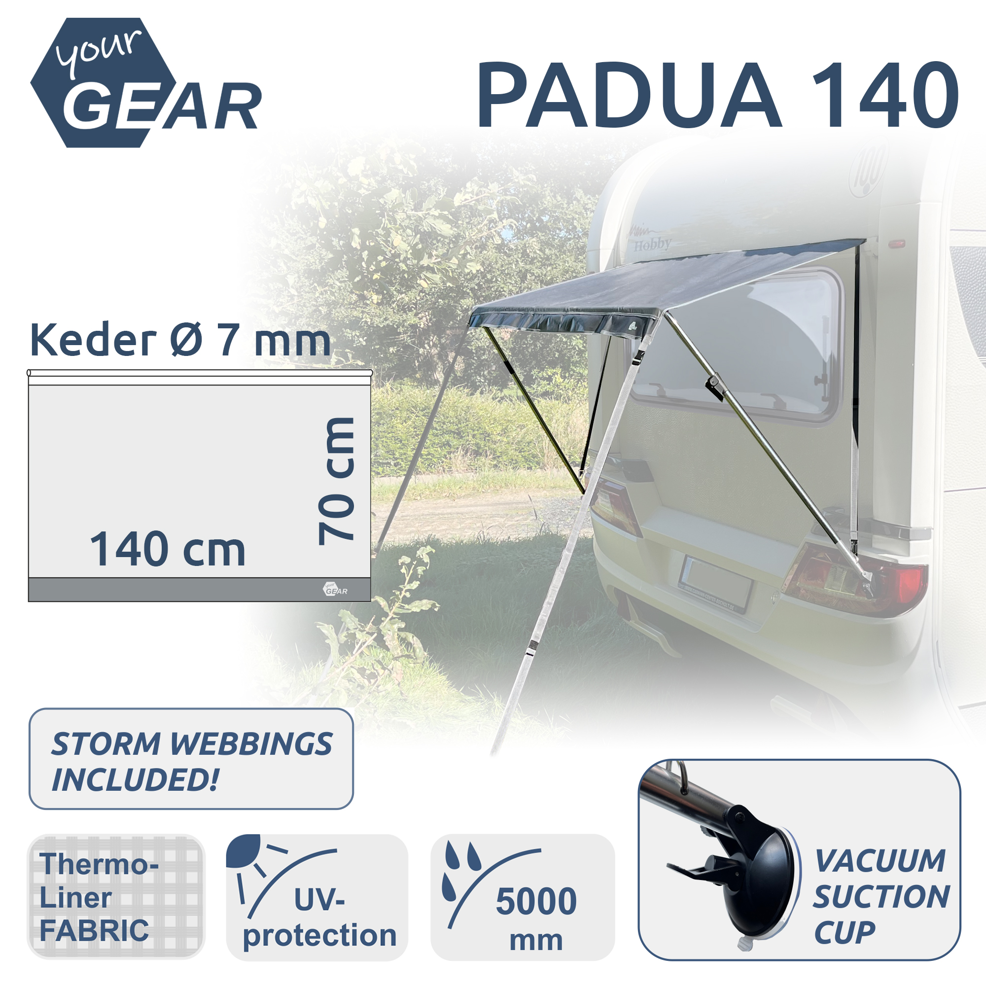 your GEAR Padua window awning for caravans, 140 x 70 cm, 7 mm piping, with telescopic aluminum frame, UV 80+ sun protection, waterproof, storm webbing, vacuum suction cup, shown mounted on a caravan.