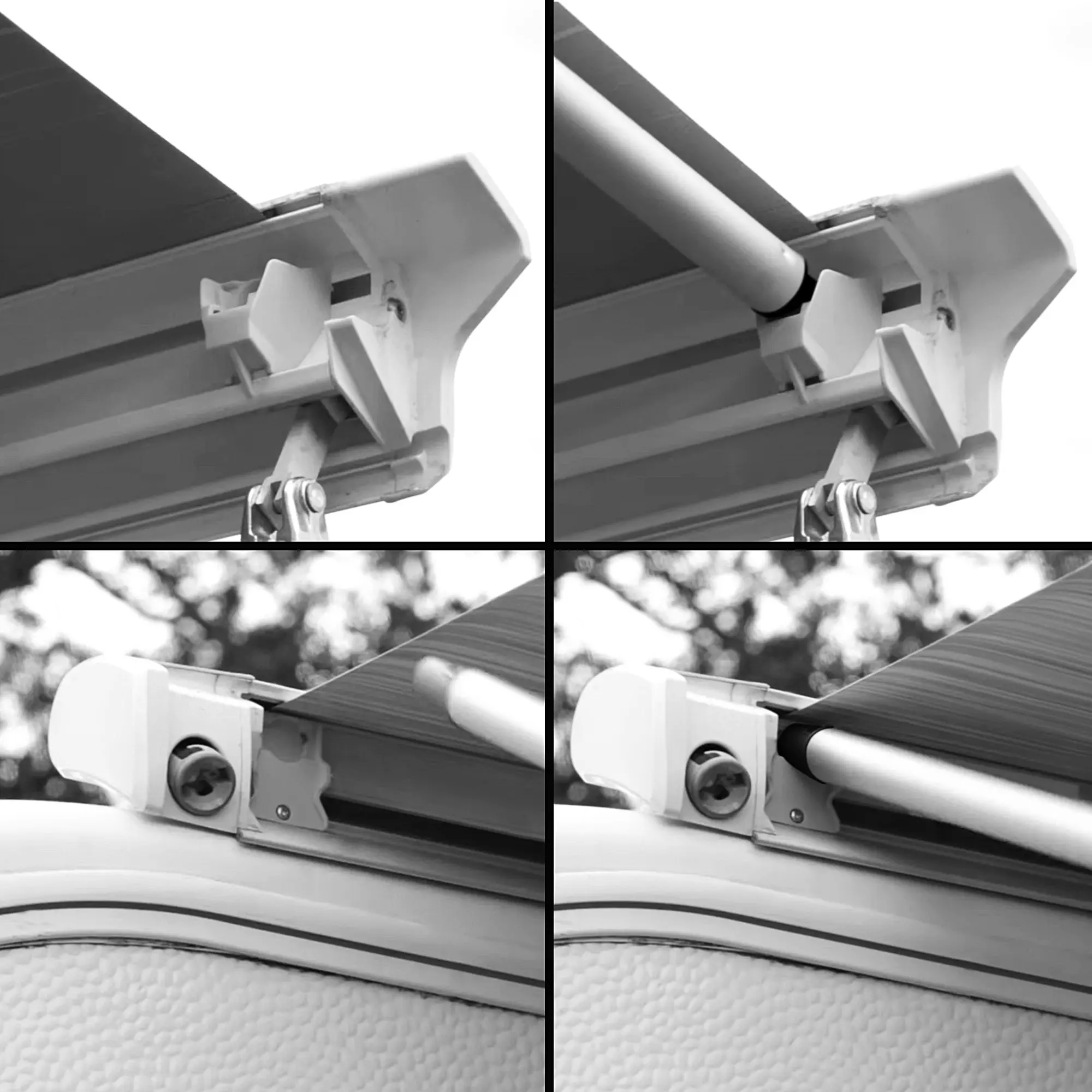 Barre de tension your GEAR Rafter Pole TO 6000 installée sur une marquise Thule Omnistor, montrant la fixation solide et l'intégration facile dans la structure du store de caravane.