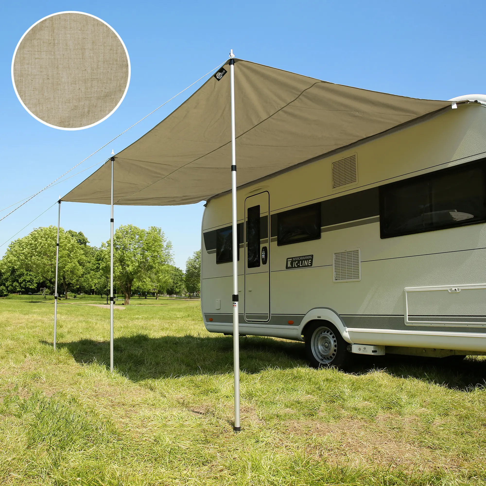 your GEAR Caravan Tarp TC 300 x 240 - Tenda da sole per caravan con pali, tenda da sole in cotone