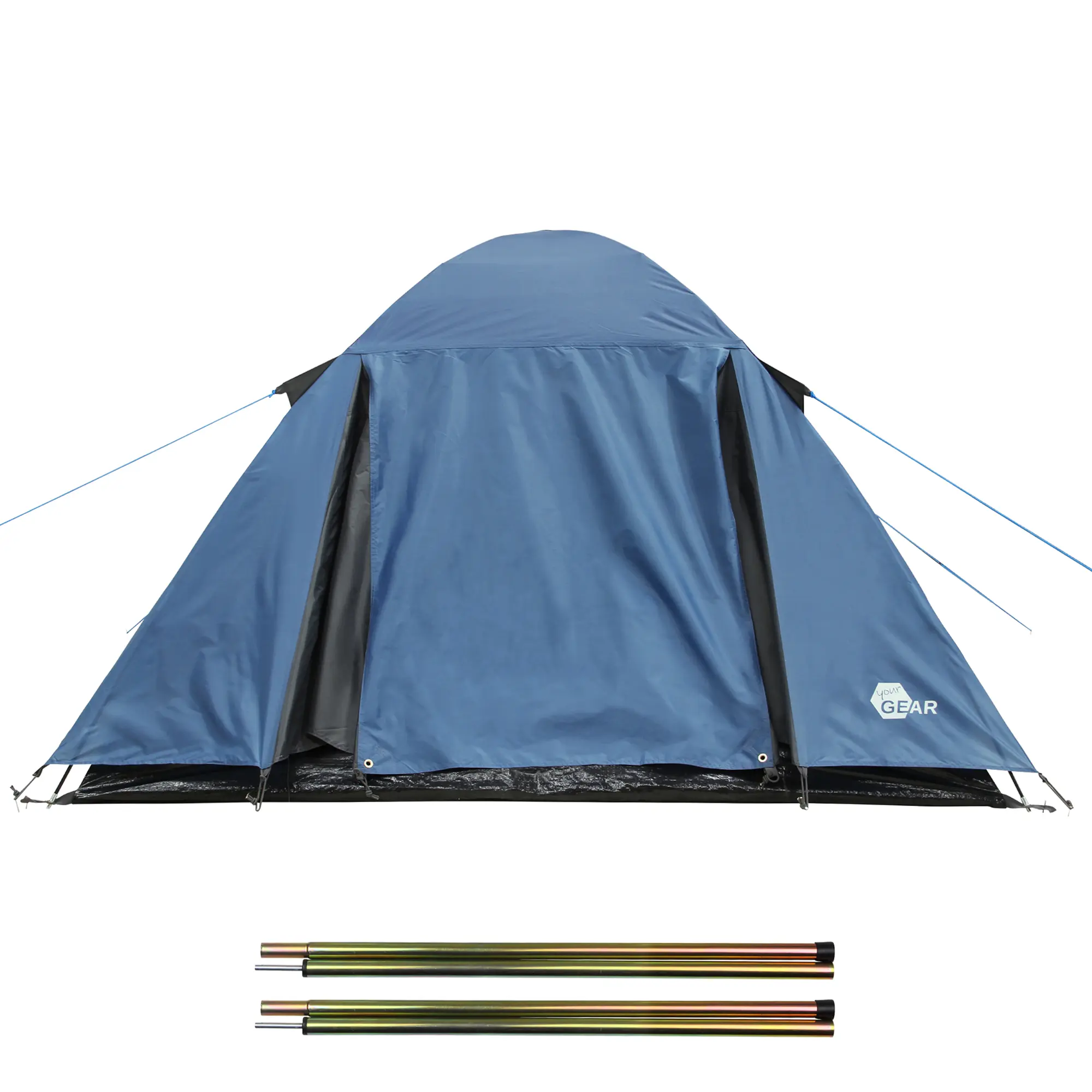 yourGEAR Bosa 3 Kuppelzelt für 3 Personen in Blau-Grau, mit wettergeschütztem Eingang, Belüftung und wasserdichtem Material, abgebildet mit zwei Zeltstangen vorne.